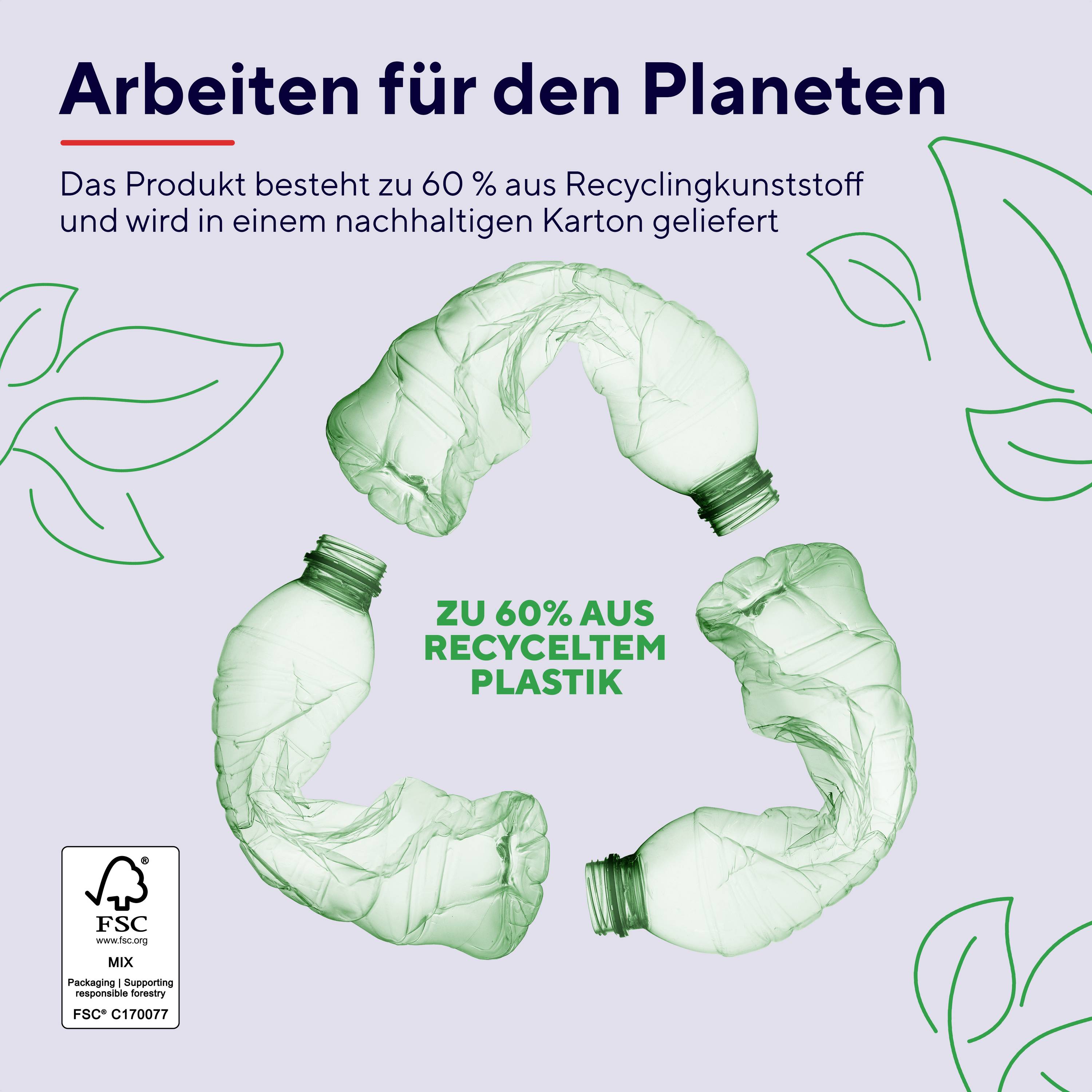 Plakát s zeleným kruhovým motivem z plastových lahví. Text: "Pracujeme pro planetu", "Vyrobeno z 60 % z recyklovaného plastu".