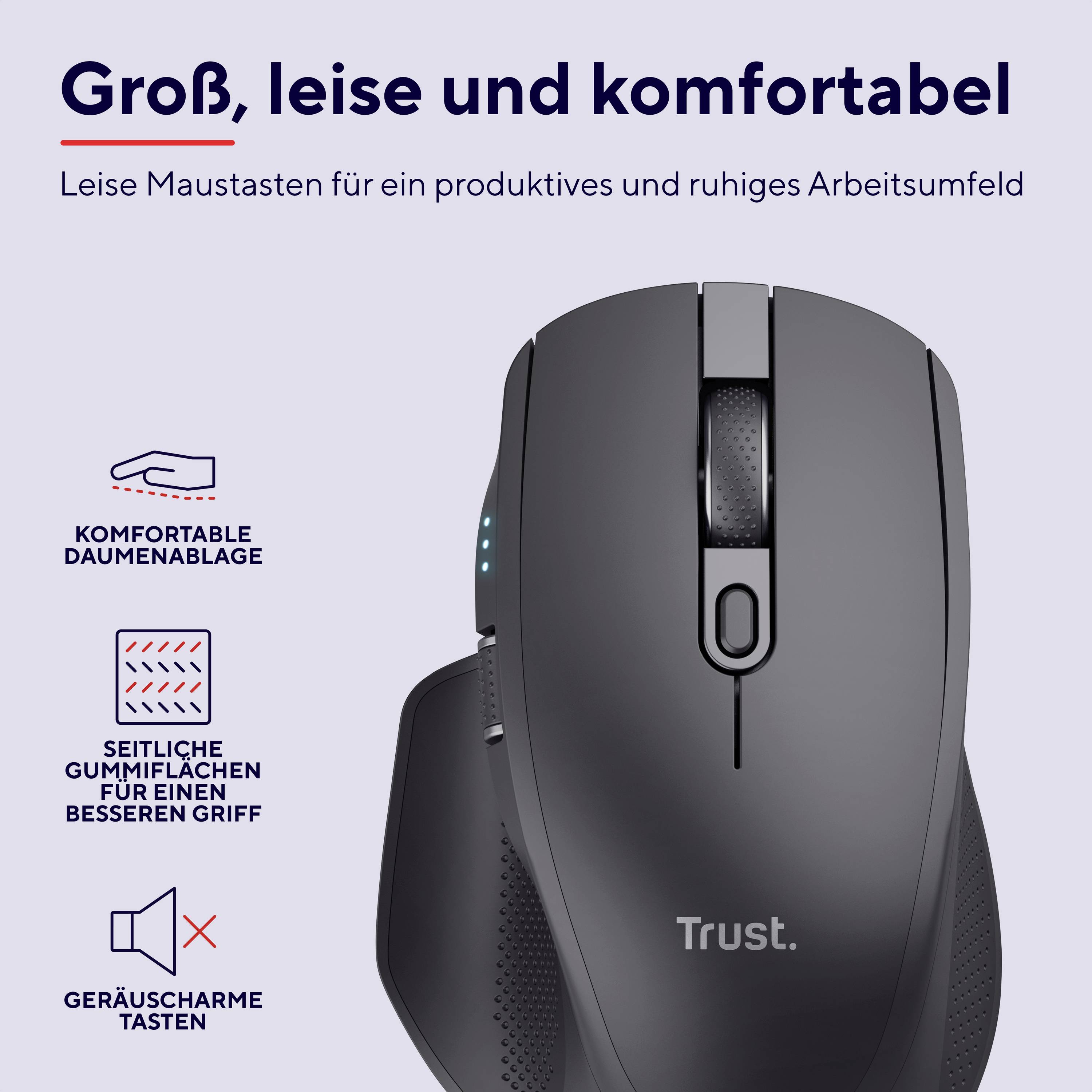 Velká černá počítačová myš s tichými tlačítky, ergonomickým designem a pogumovaným povrchem pro lepší úchop.