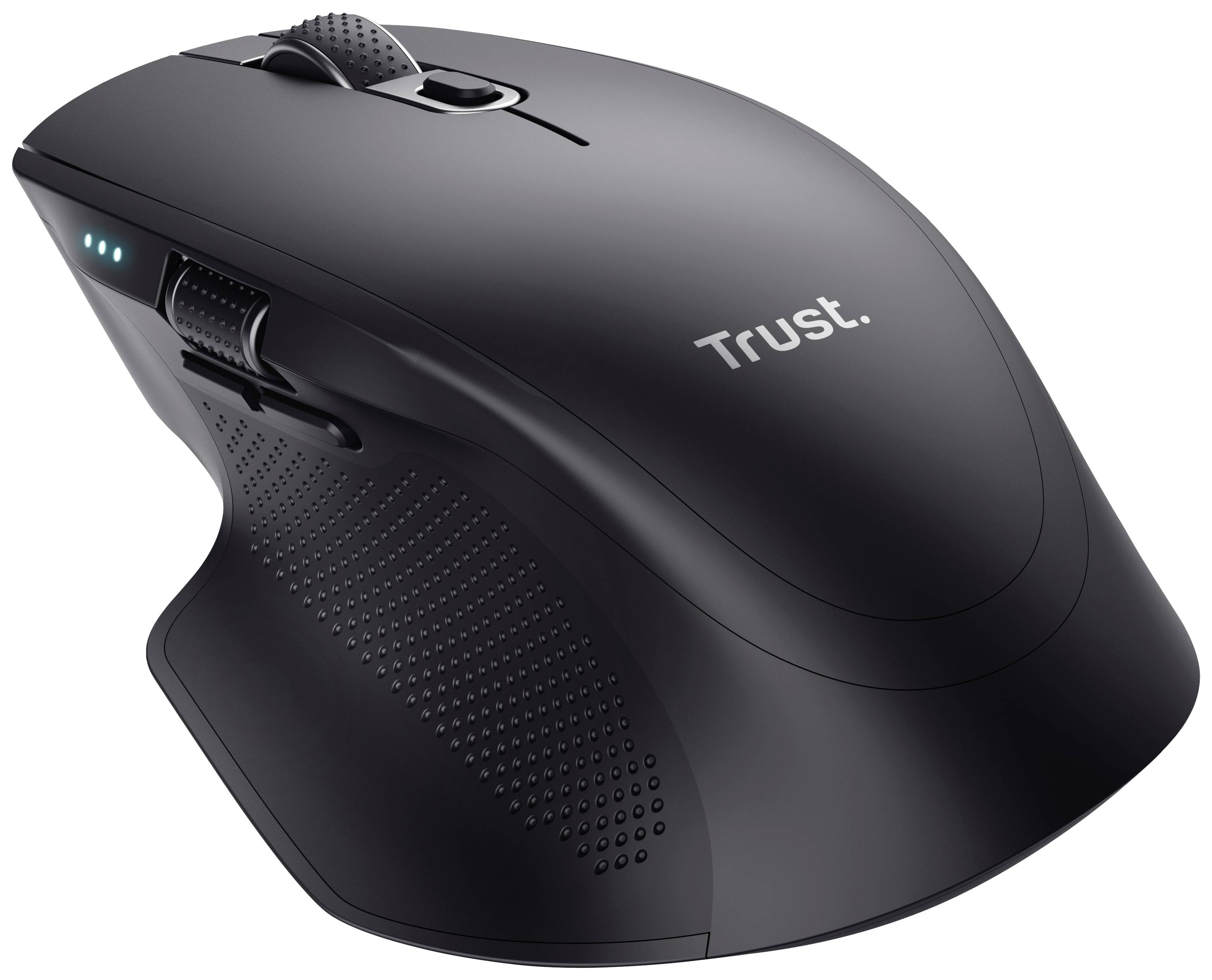 Černá bezdrátová počítačová myš značky 'Trust' s ergonomickým designem, opěrkou pro palec, třemi postranními tlačítky a LED indikátorem.