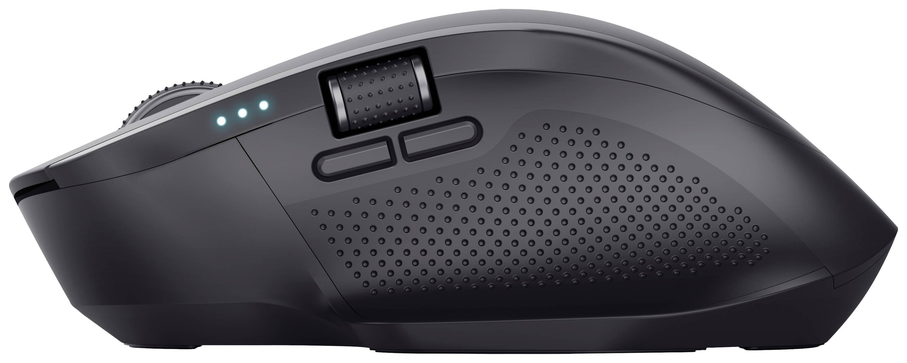 Černá počítačová myš s ergonomickým designem, třemi tlačítky pro palec a LED indikátorem na levé straně.