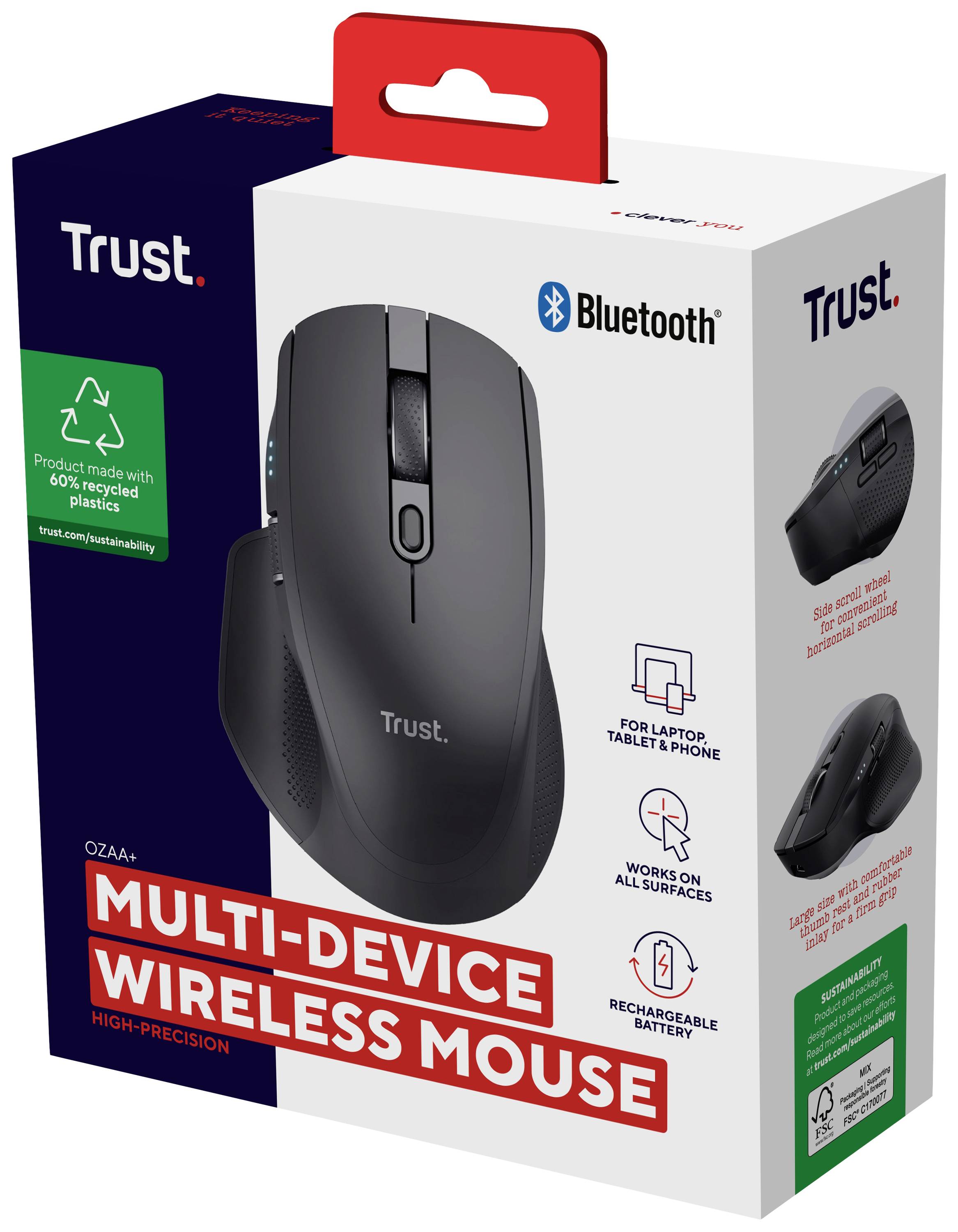 Bezdrátová multizařízení myš od Trust v balení; s Bluetooth, dobíjecí baterií a vhodná pro notebook, tablet, telefon.