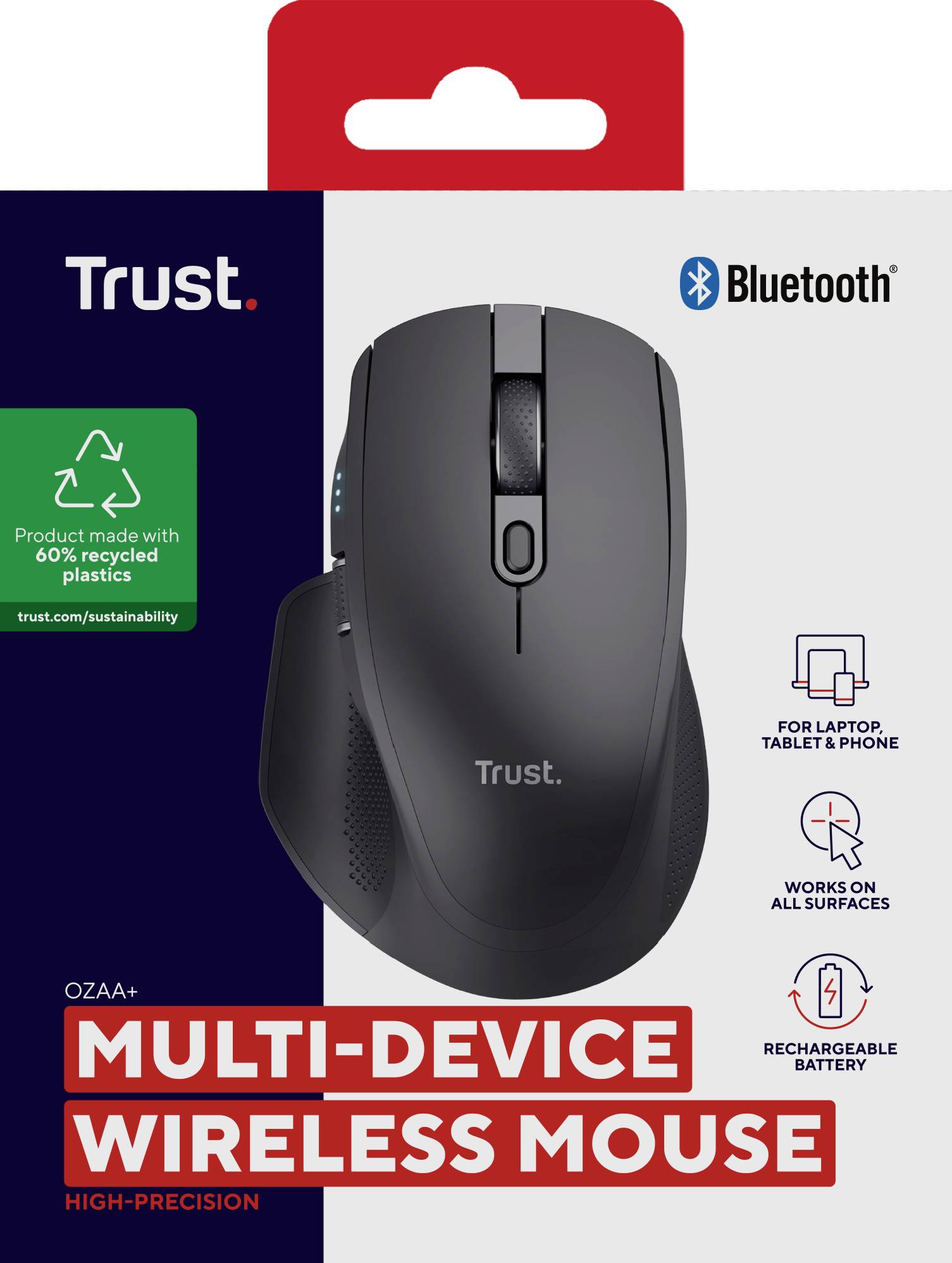 Balení bezdrátové myši značky 'Trust' s Bluetooth připojením, vhodné pro notebook, tablet a telefon, vyrobené z recyklovaného plastu.