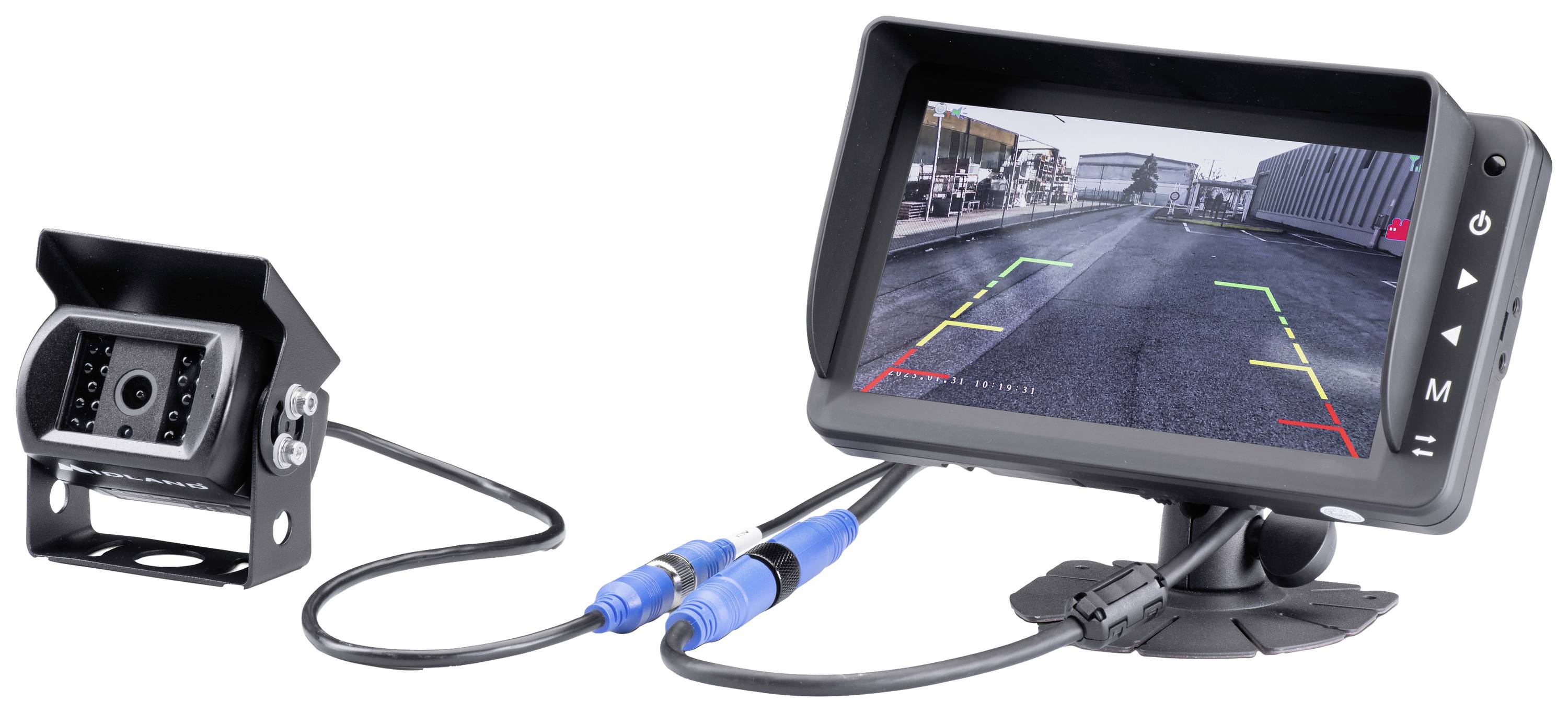 Zadní parkovací kamera s monitorem zobrazuje pohled na silnici. Monitor je s kamerou propojen kabelem.