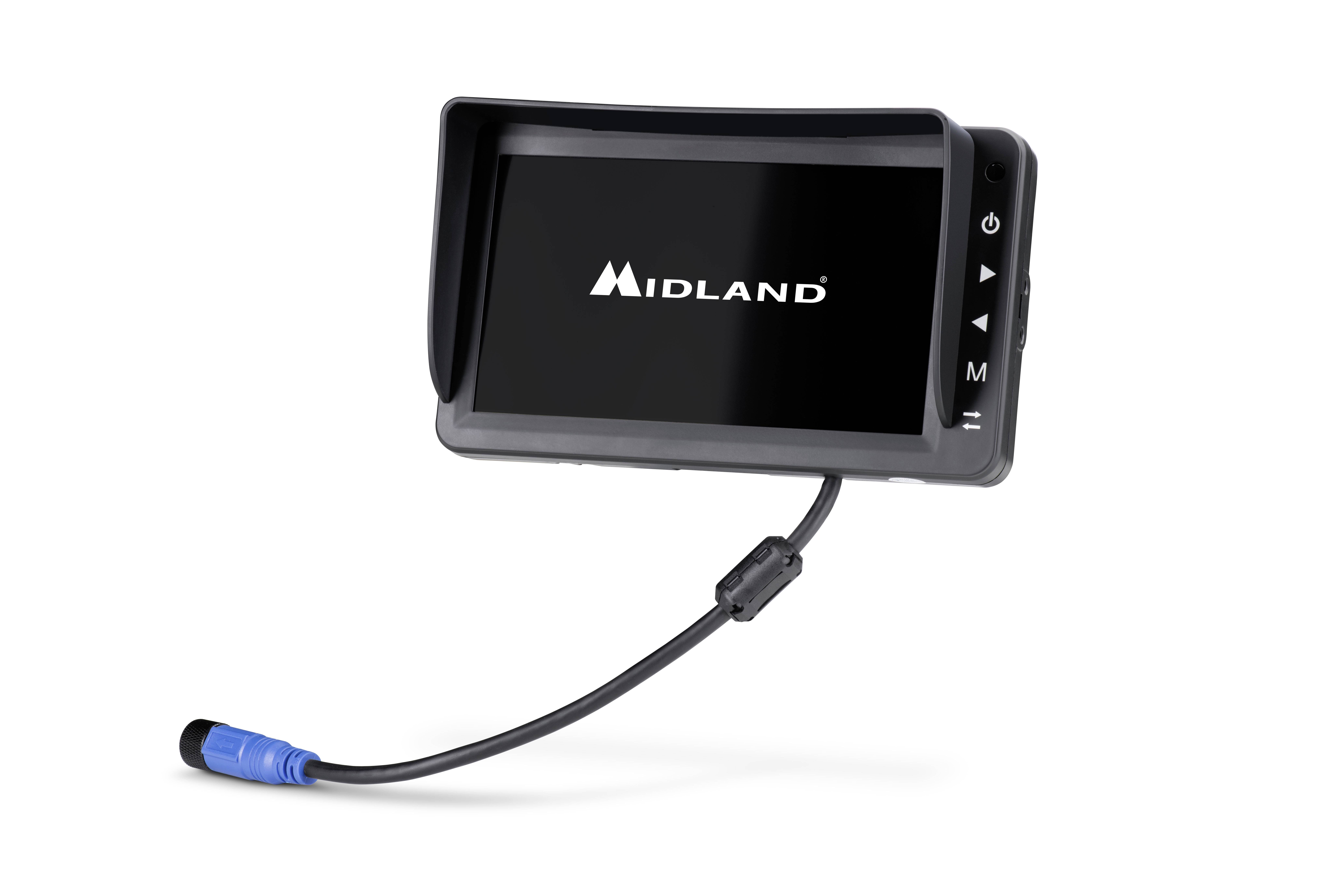 Černé elektronické zařízení s displejem a logem 'Midland', modrou připojovací zásuvkou a ovládacími tlačítky po straně.