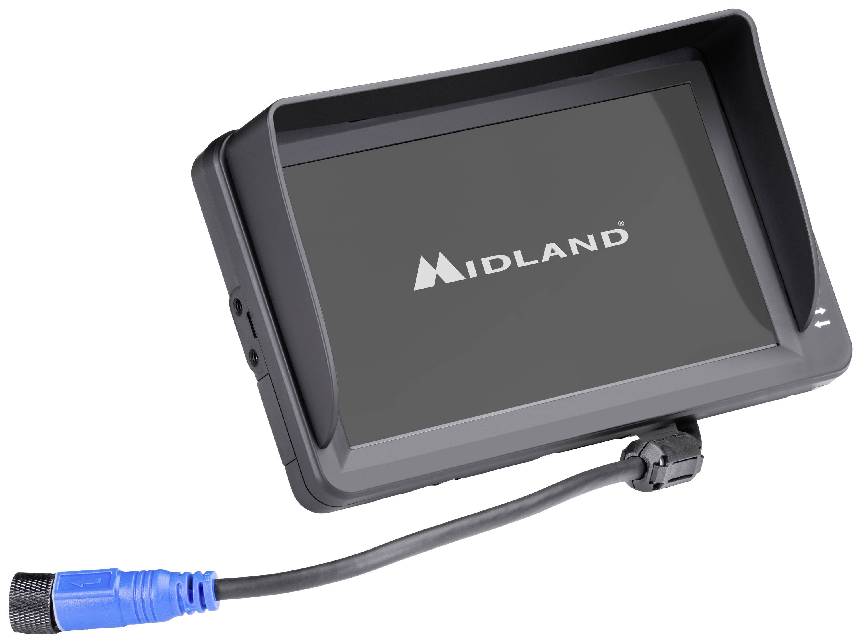 Navigační zařízení GPS od společnosti Midland s ochranným pouzdrem a modrým kabelem připojeným k přístroji.