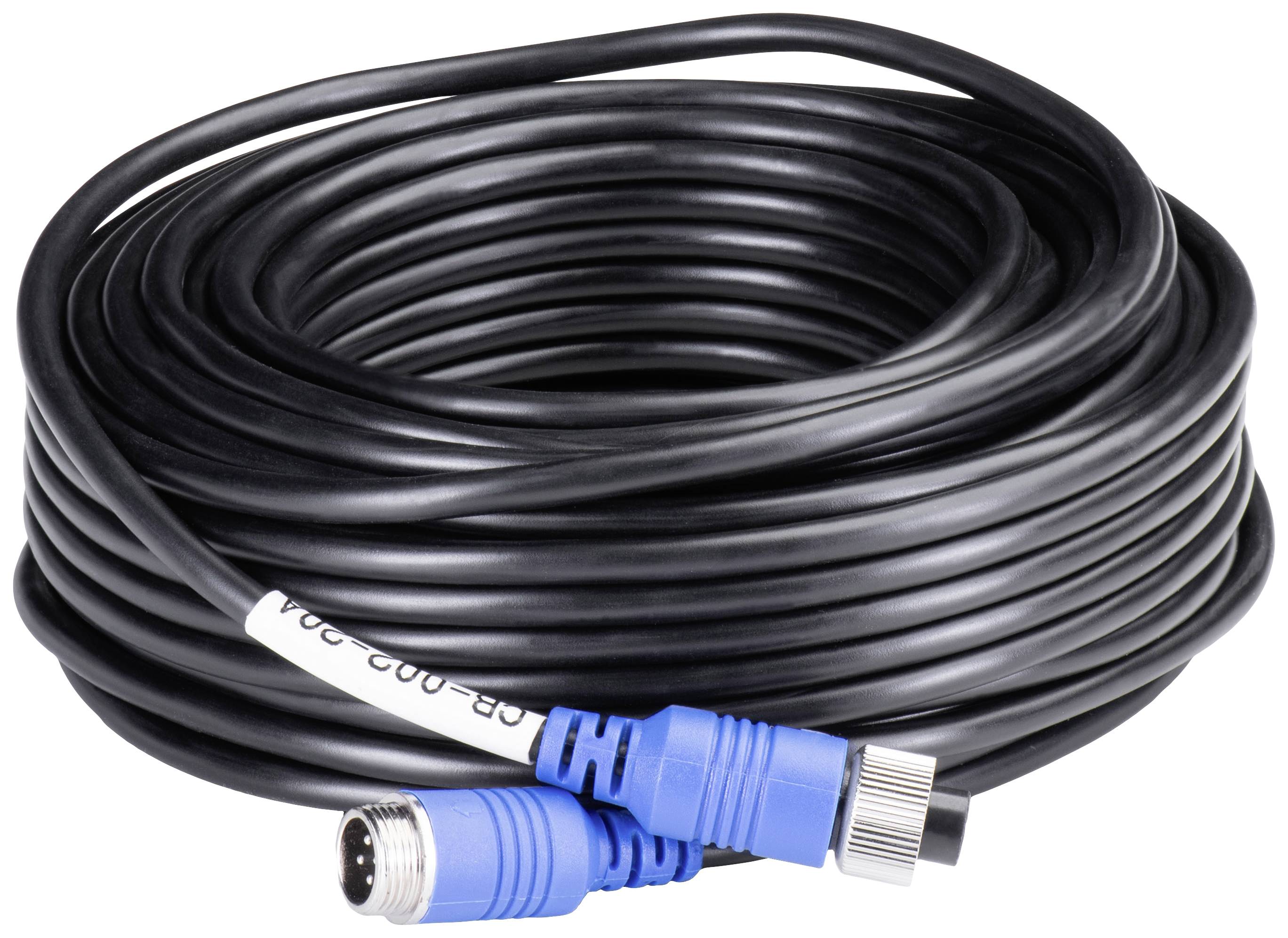 Dlouhý černý kabel svinutý do klubka s modrými konektory na obou koncích.