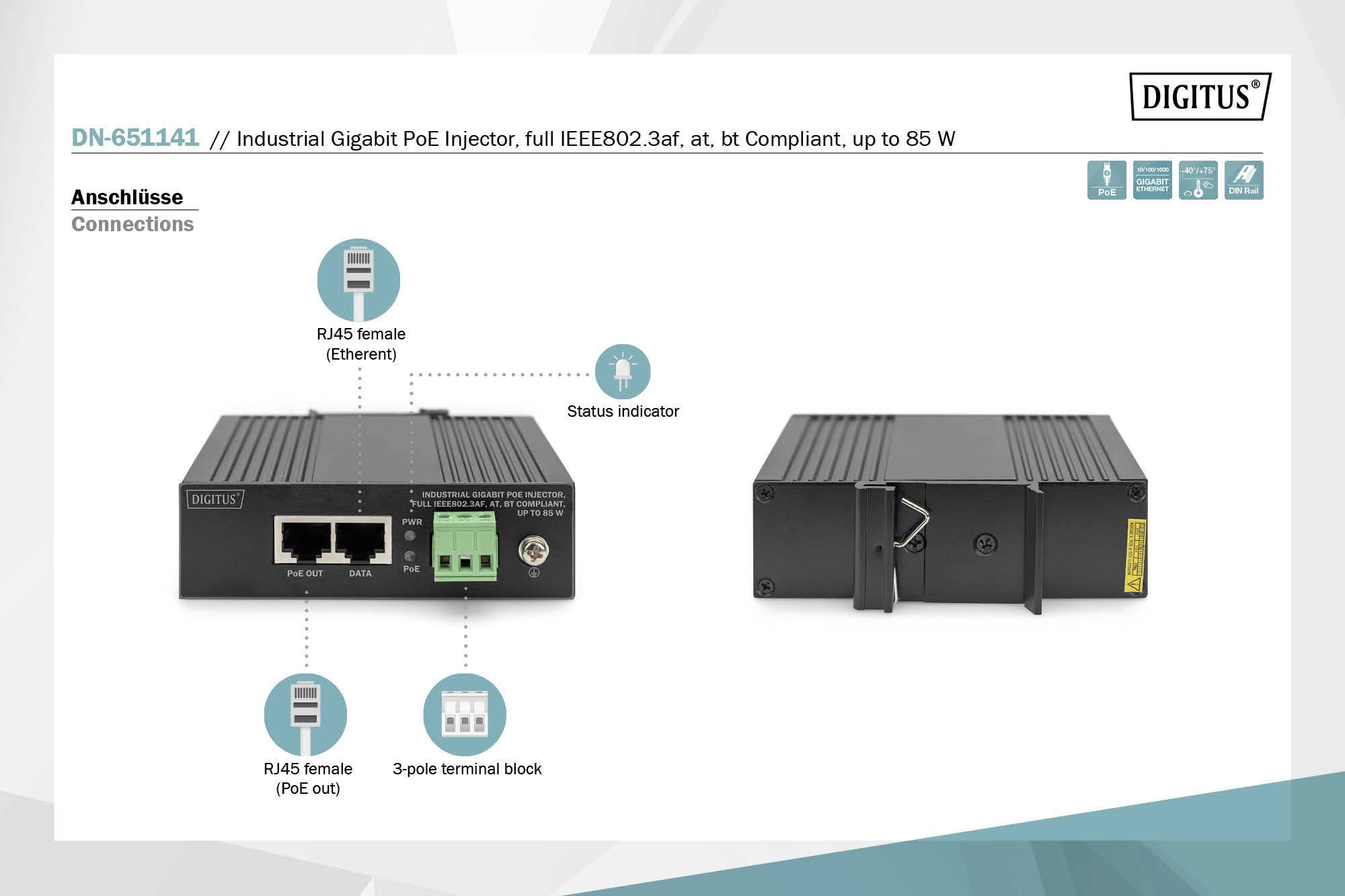 Průmyslový gigabitový PoE injektor DN-651141, zobrazuje přední a zadní stranu s RJ45 konektory, stavovou indikací a 3-pólovým svorkovým blokem.