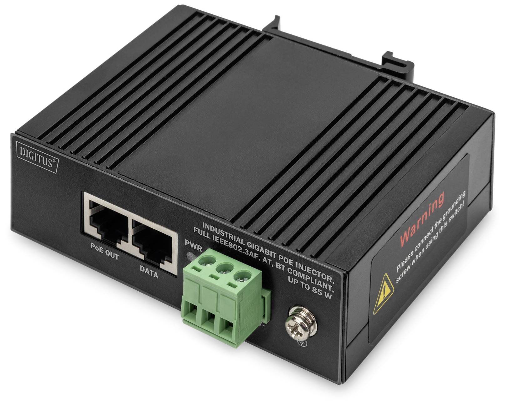 Průmyslový gigabitový PoE injektor, černý, s dvěma ethernetovými porty. Text: 'Varování' na straně, žlutý výstražný symbol v pravém dolním rohu.