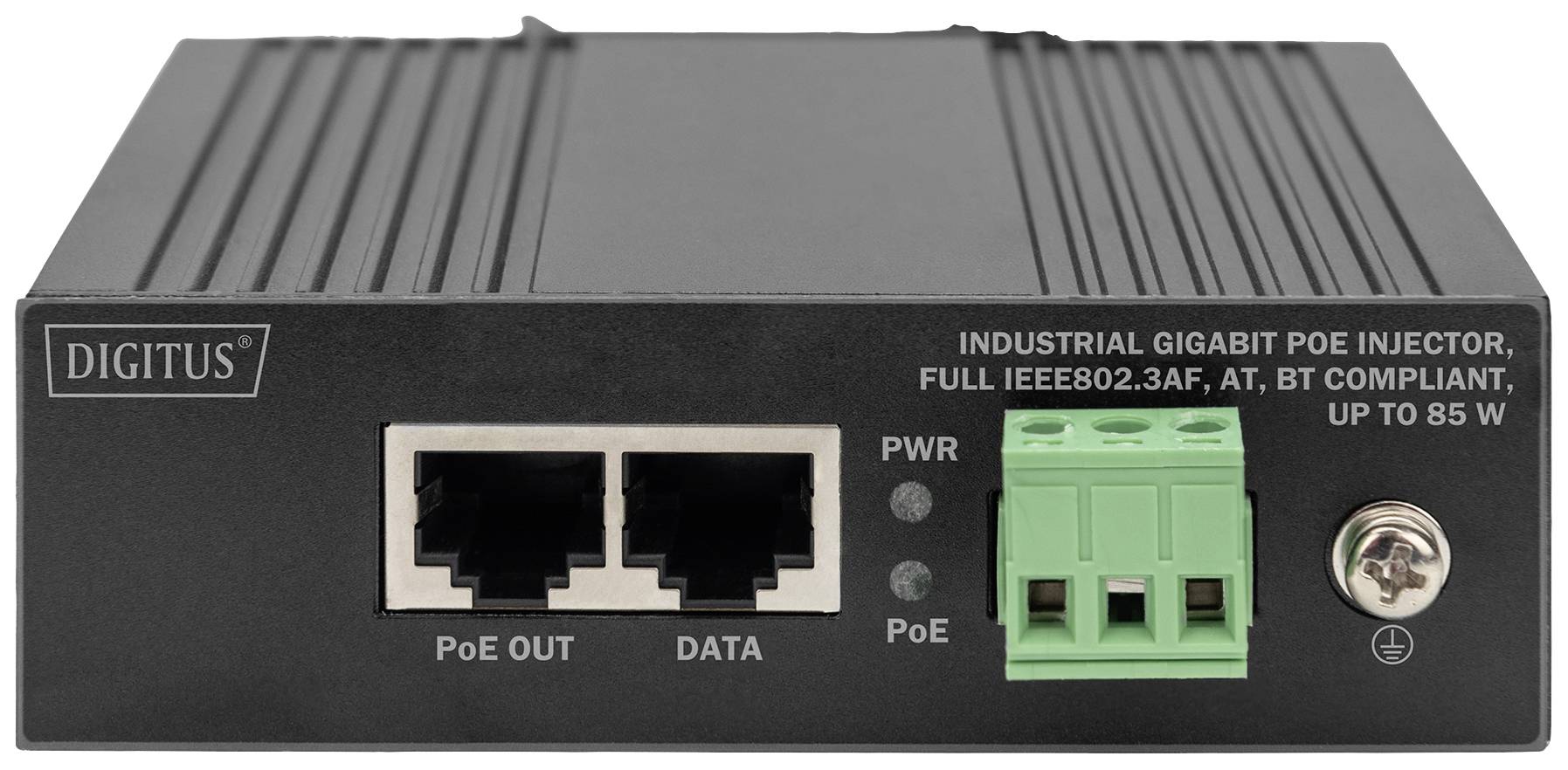 Gigabitový PoE injektor se dvěma ethernetovými porty, LED indikátory a zeleným napájecím konektorem. Model: DIGITUS, určený pro průmyslové aplikace.