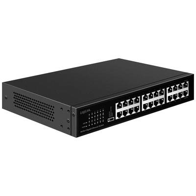 24portový gigabitový ethernetový switch s černým krytem. Vlevo jsou větrací štěrbiny, vpravo jsou přípojky pro síťové kabely.