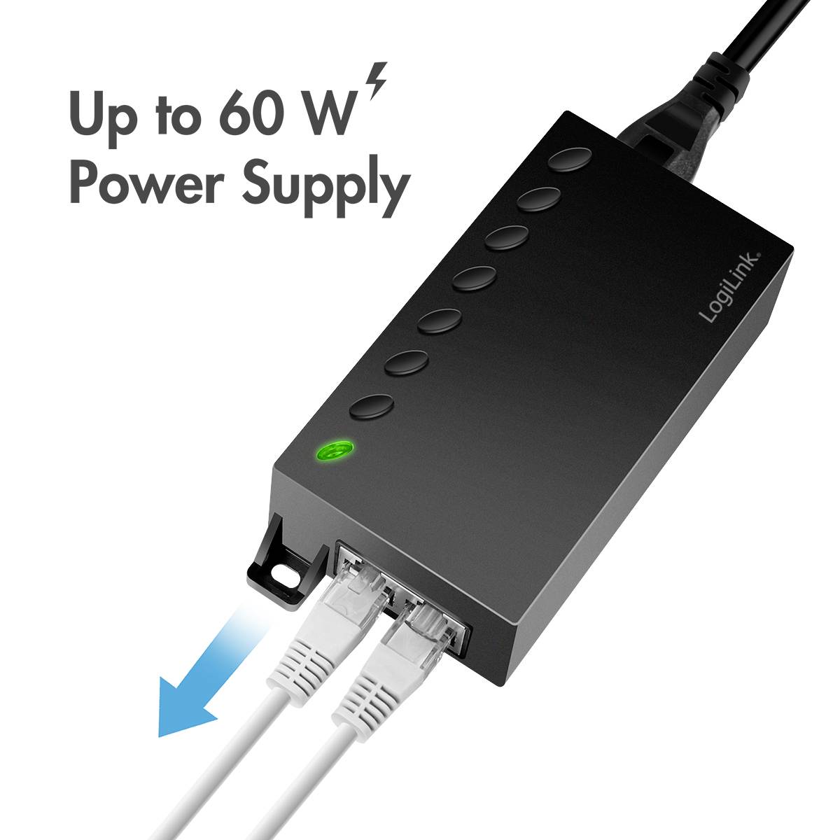 Síťový zdroj se dvěma připojenými ethernetovými kabely. Text: "Napájecí zdroj až 60 W". Název značky na zařízení.