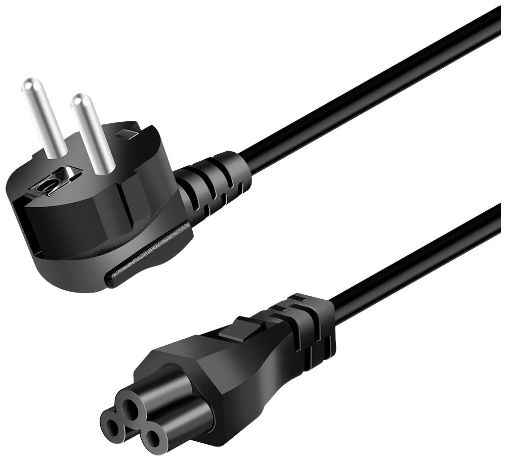 Černý síťový kabel s dvoupólovým konektorem a třípólovou zásuvkou.