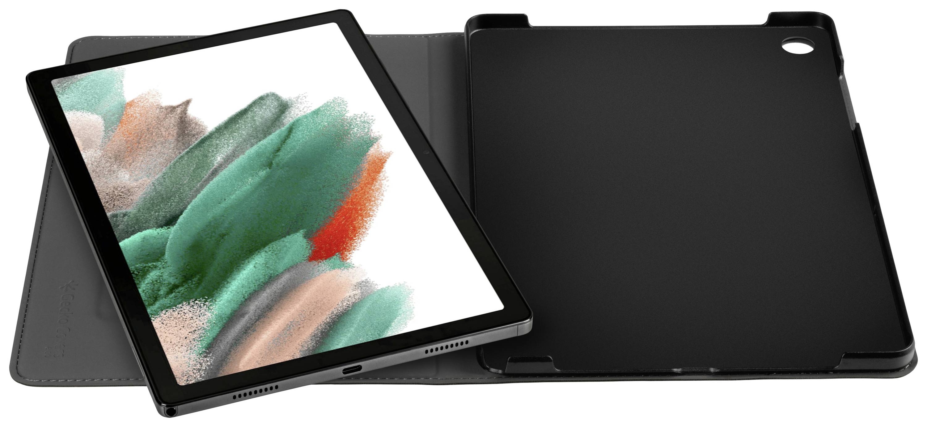 Tablet v černém ochranném pouzdře, částečně otevřený, zobrazuje abstraktní umění na obrazovce v zelených, červených a béžových tónech.