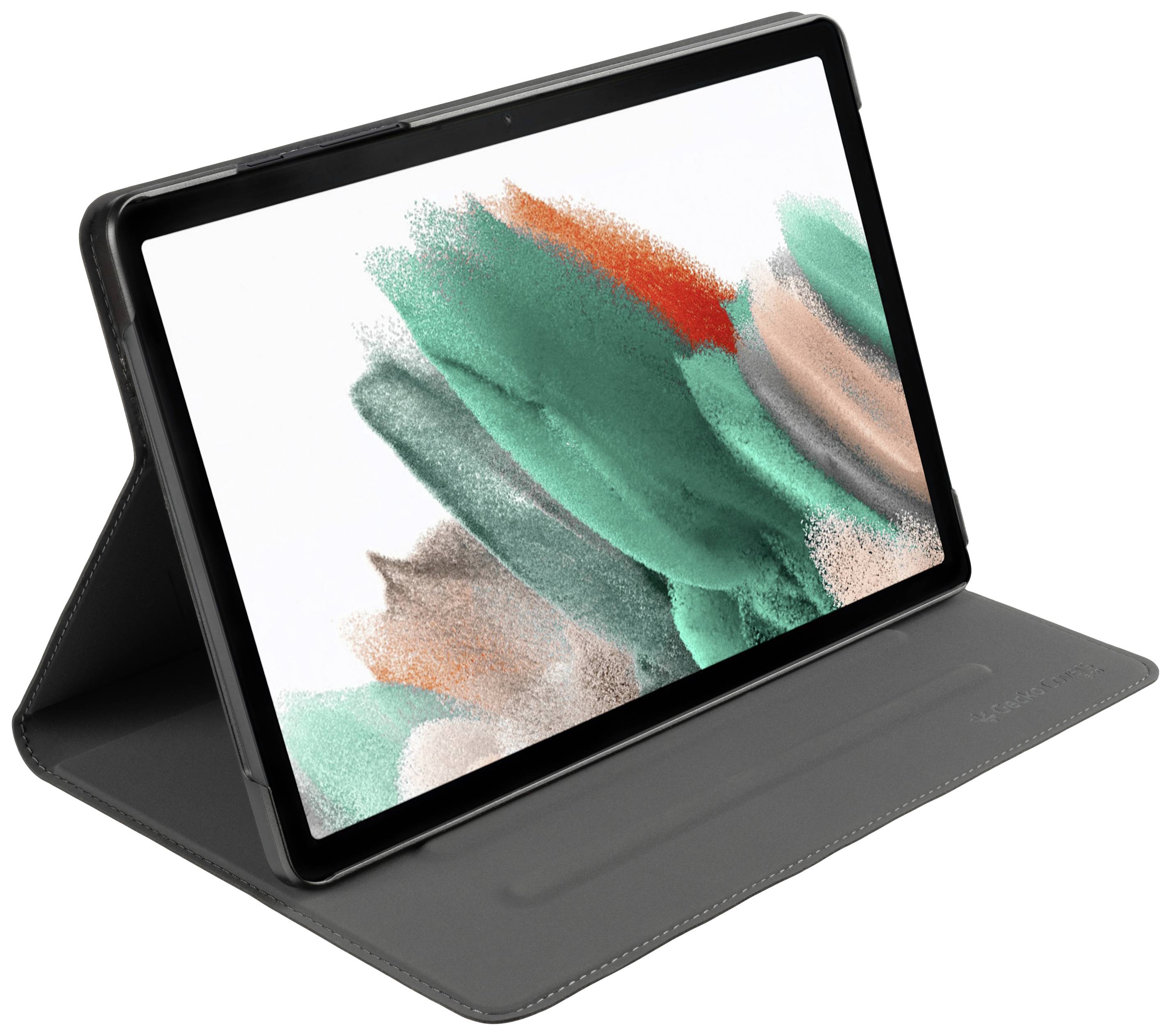 Tablet v ochranném pouzdře zobrazuje abstraktní obraz v zeleno-oranžovo-béžových tónech na obrazovce.