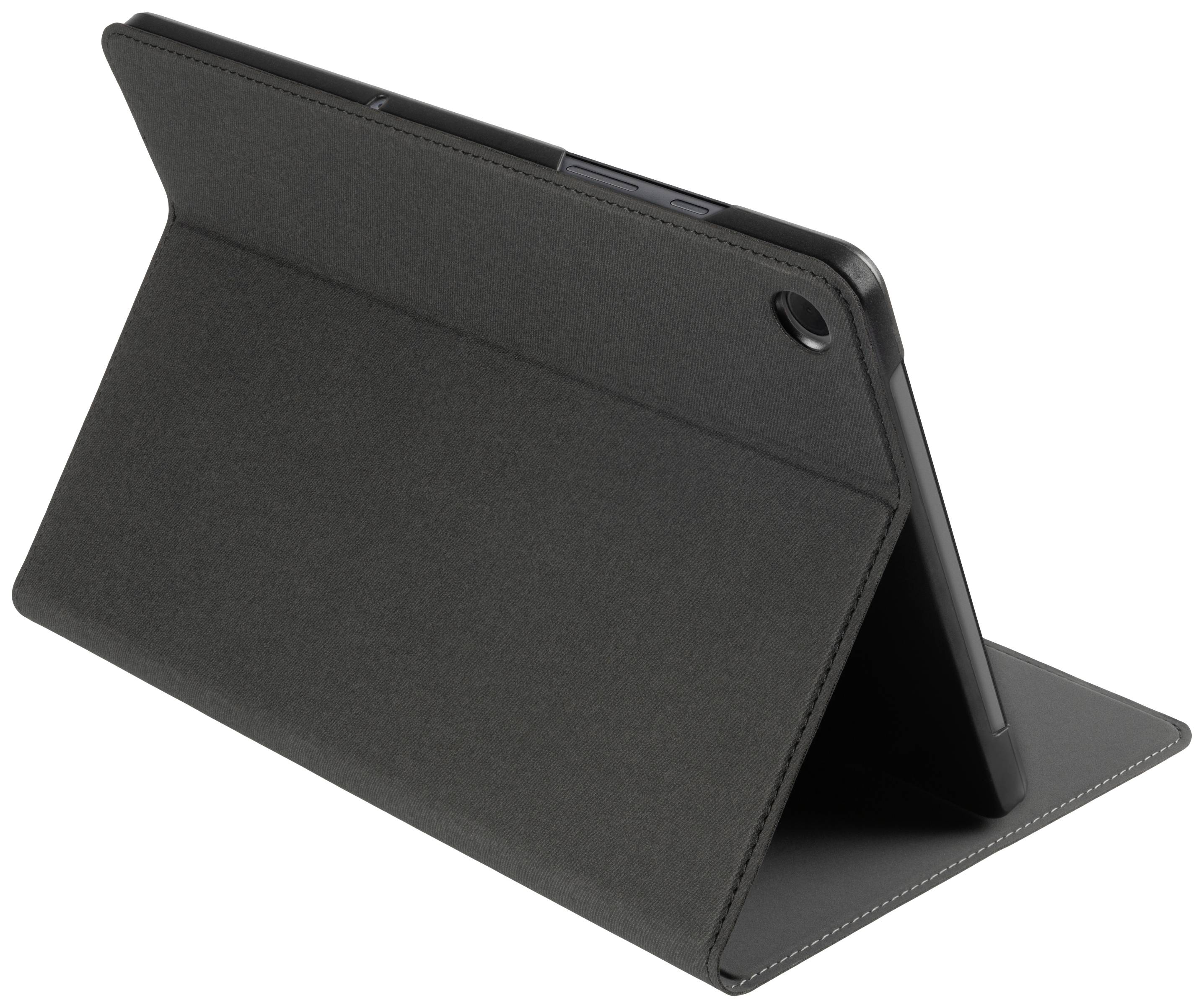 Černý obal na tablet je otevřený a podpírá tablet v kolmém úhlu.