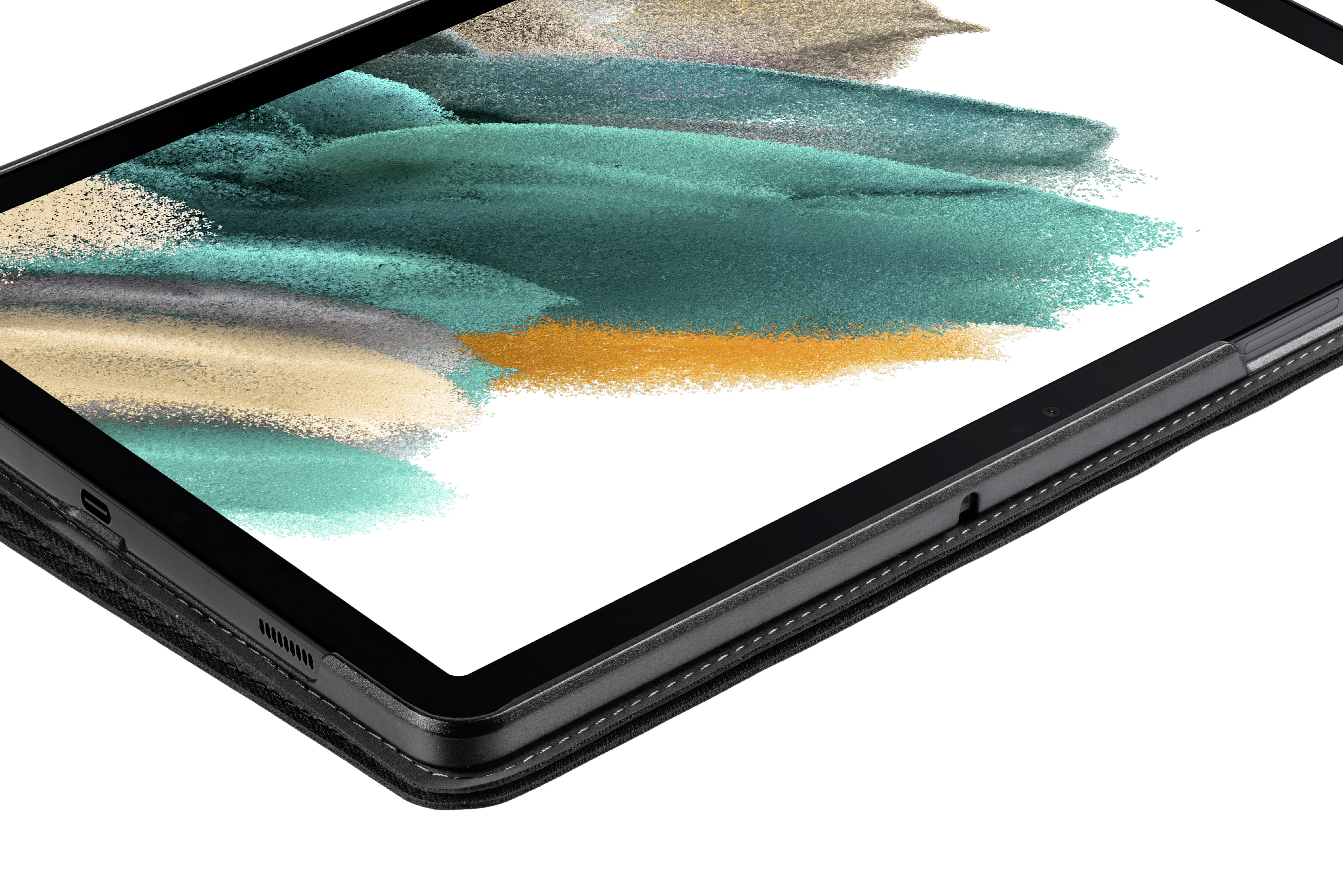 Tablet s abstraktním barevným displejem v odstínech zelené, pískové a oranžové. Leží vodorovně a je zobrazen z bočního pohledu.