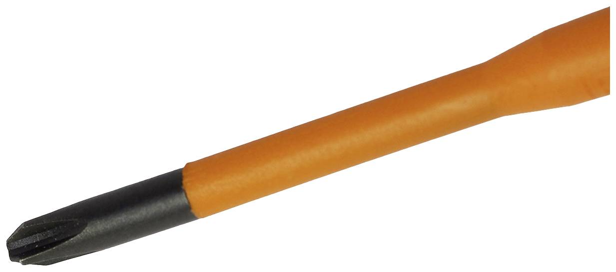 Oranžový izolovaný šroubovák s černou křížovou špičkou.