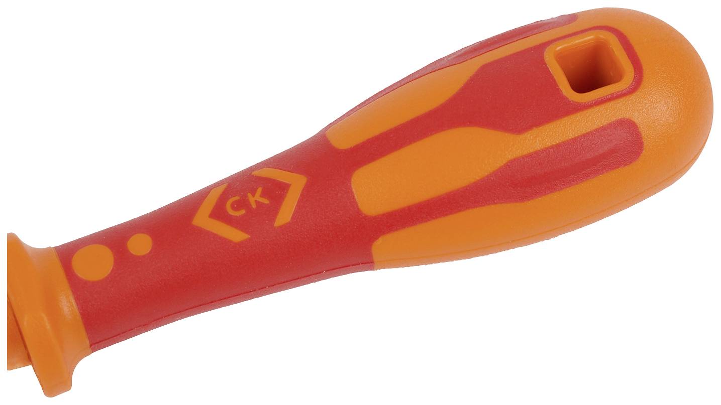Červený a oranžový rukojeť šroubováku s šestihranným otvorem, ergonomicky tvarovaná, vhodná pro přesnou manipulaci.