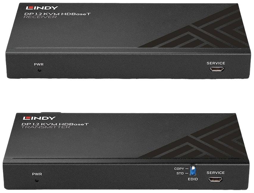 Dva šedé přístroje od společnosti Lindy: jeden s nápisem 'Receiver' a druhý s nápisem 'Transmitter'. Oba mají síťovou přípojku a servisní port.