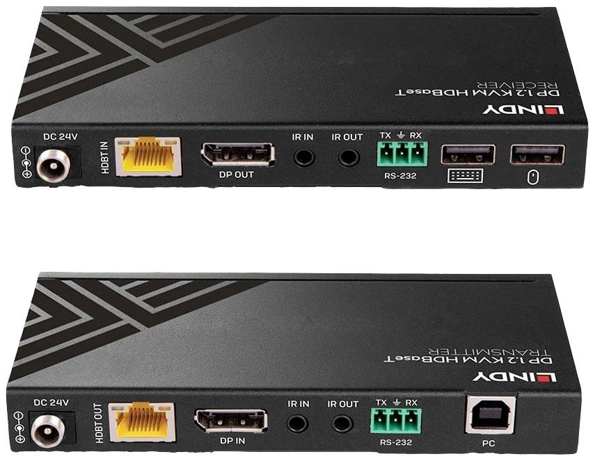 HDBaseT HDMI extender sada: nahoře přijímač s DP, IR, RS-232 porty, dole vysílač s HDMI, IR, RS-232 rozhraními, elegantní design.