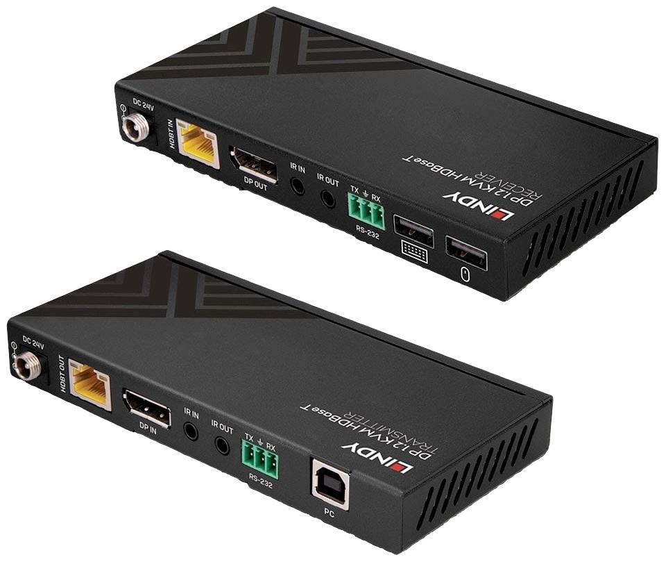Dva černé HDMI konvertory s konektory, včetně HDMI, Ethernetu a napájení. Název značky a číslo modelu jsou vytištěny.