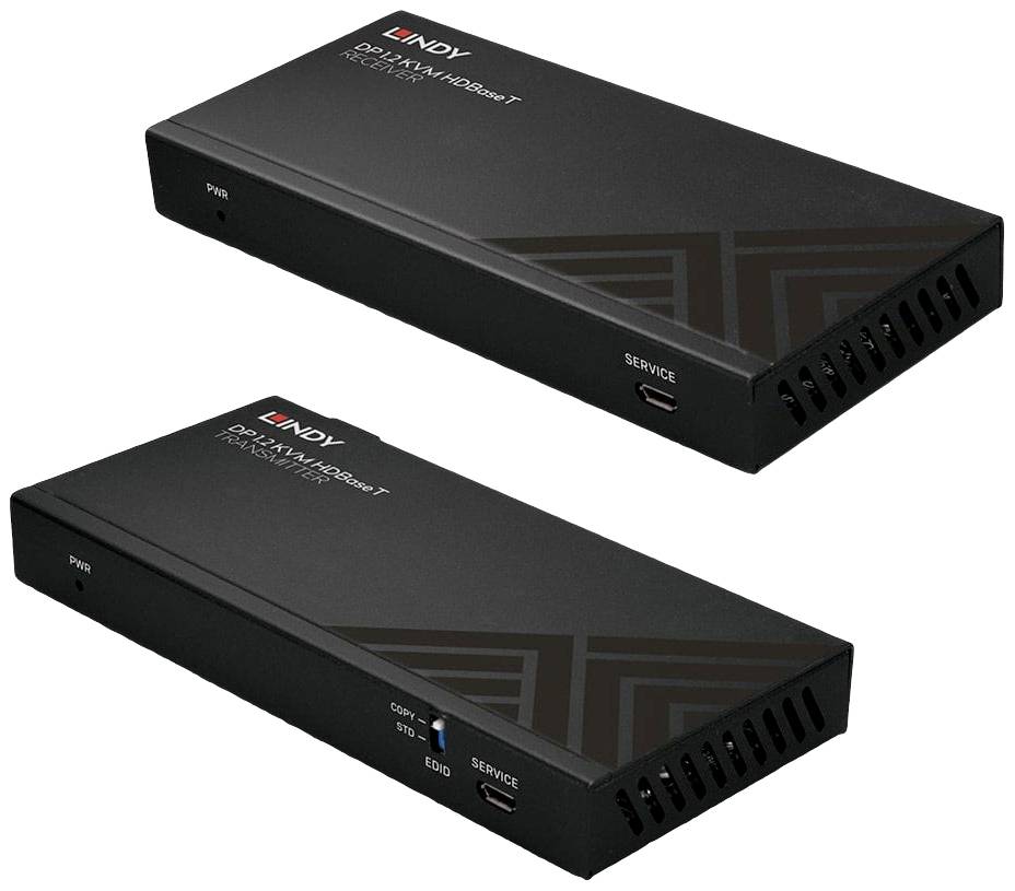 Dva černé HDMI extendery s několika porty, jeden s přepínači 'KOPIE' a 'SERVIS'. Oba mají symbol 'NAPÁJENÍ'.