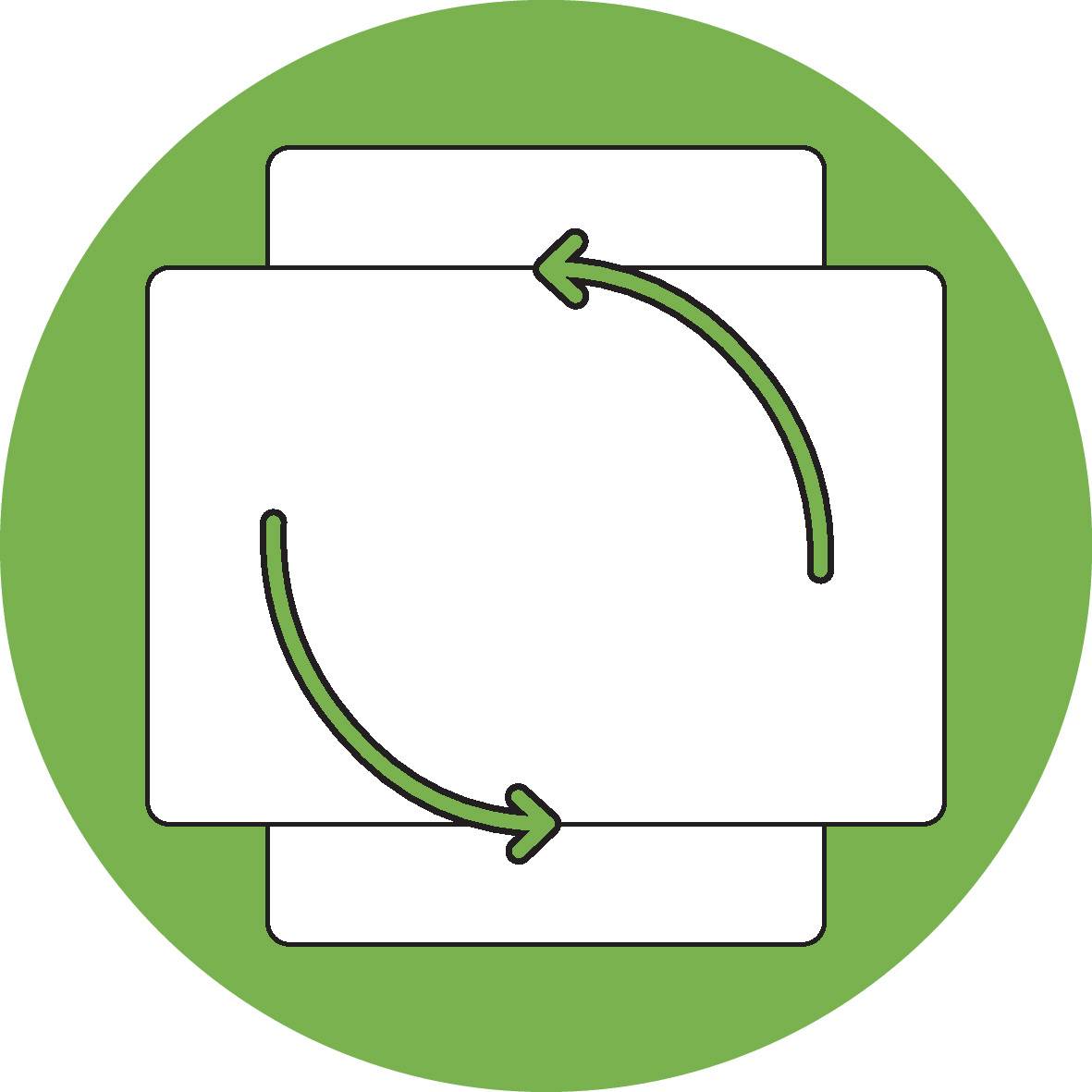 Symbol pro obnovu: Dva zahnuté šipky v kruhu na zelené ploše, symbolizující recyklaci nebo aktualizaci.
