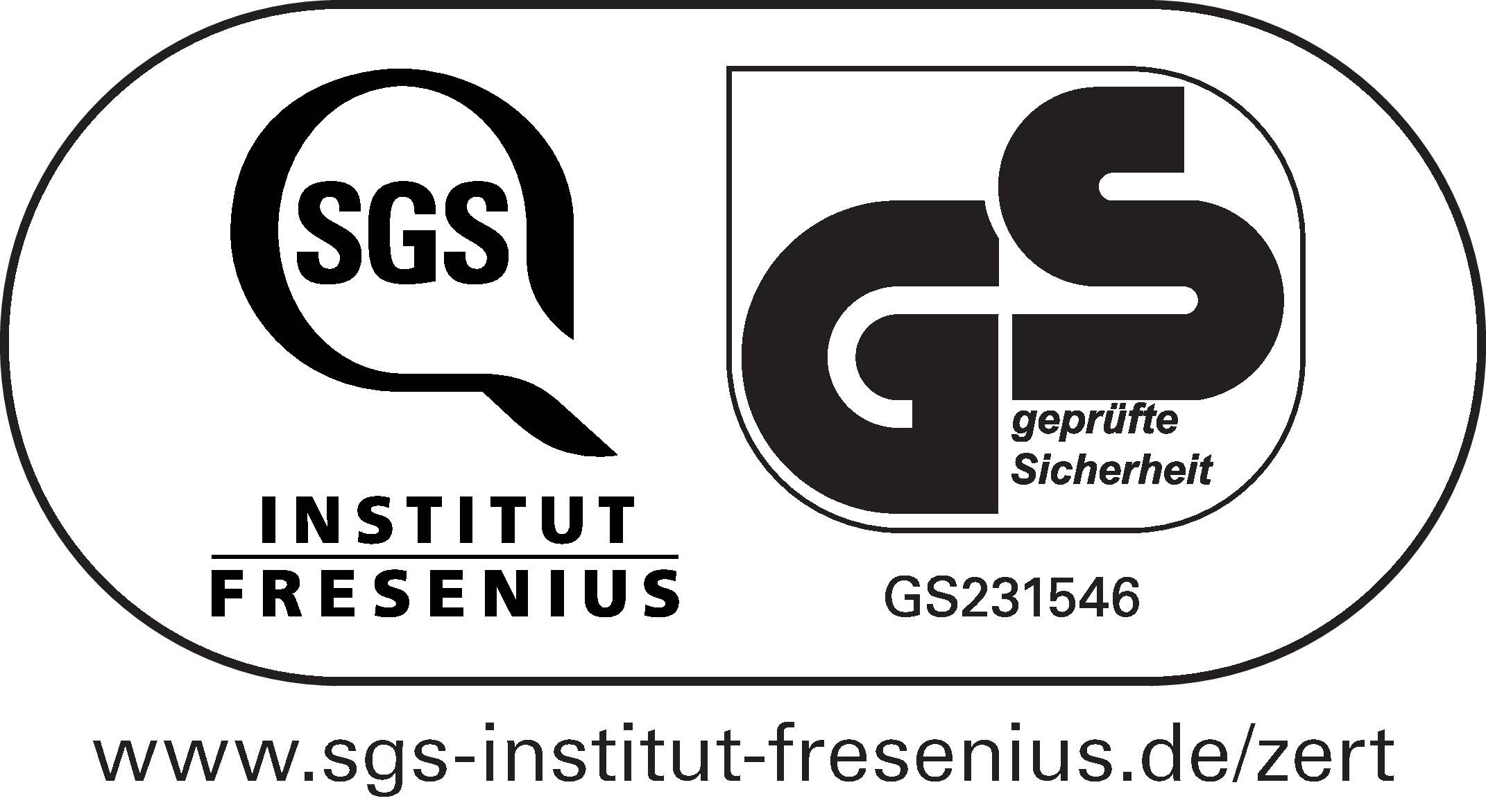 Loga 'SGS Institut Fresenius' a 'ověřená bezpečnost'. Číslo certifikátu GS231546. Webové stránky: www.sgs-institut-fresenius.de/zert.