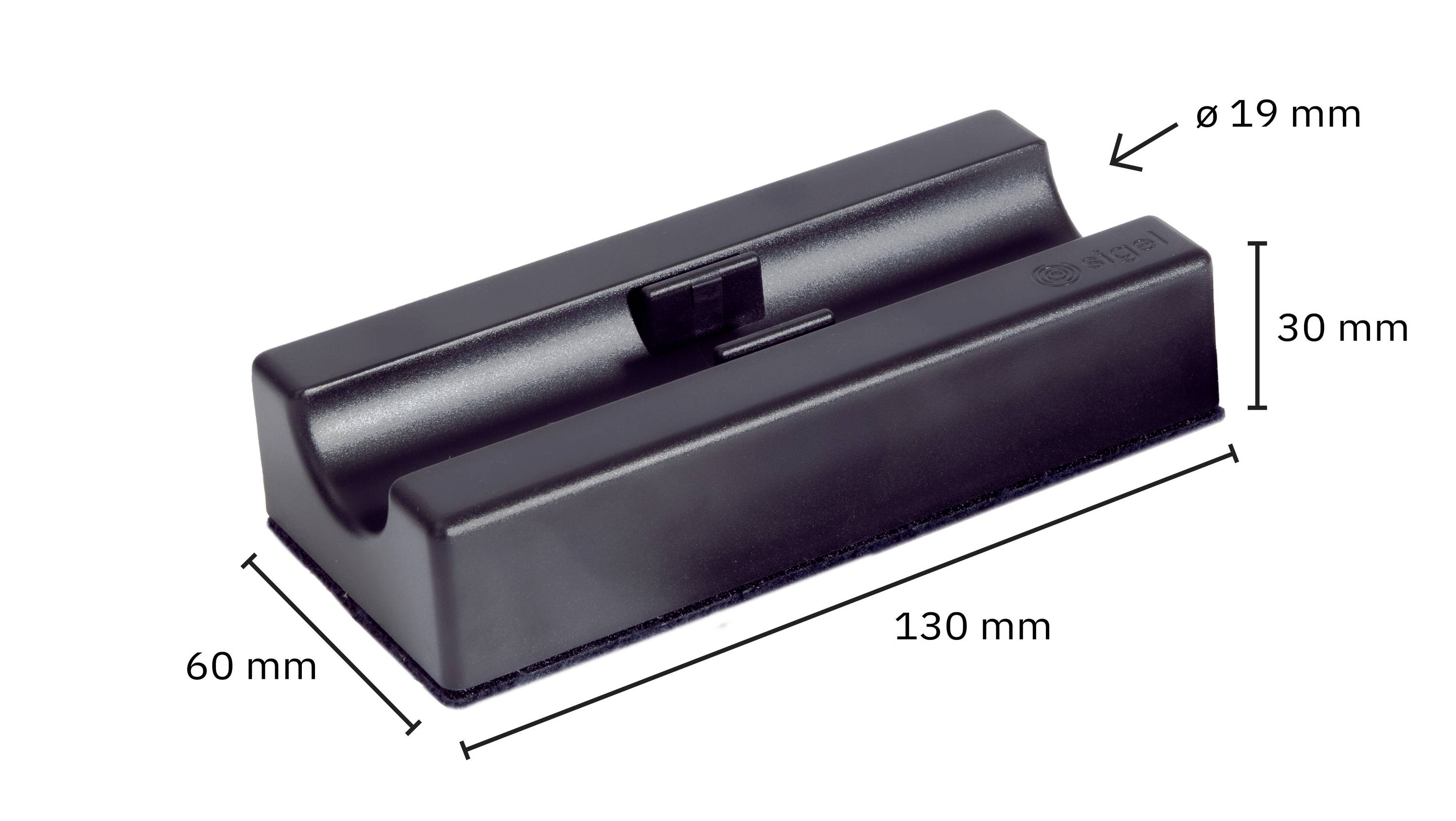 'Černá konstrukční součástka s údaji o výšce a délce. Rozměry: 130 mm x 60 mm x 30 mm, průměr: 19 mm.'