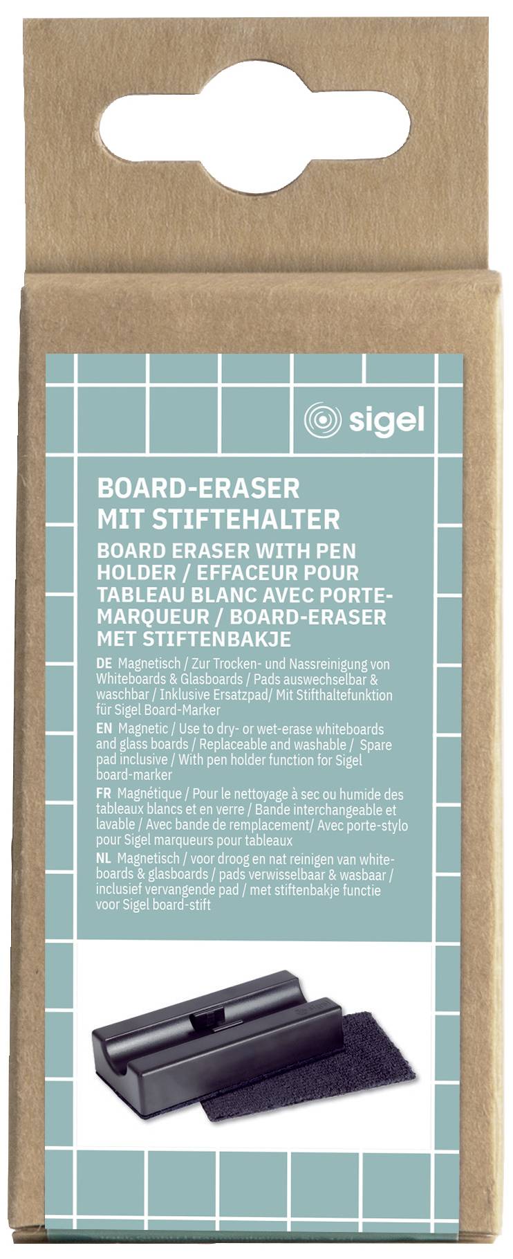 Mazací houba na tabuli se zásobníkem na pera od firmy Sigel. Obsahuje stírací houbu na whiteboard s integrovaným držákem na popisovače. Obal obsahuje obrázek produktu.