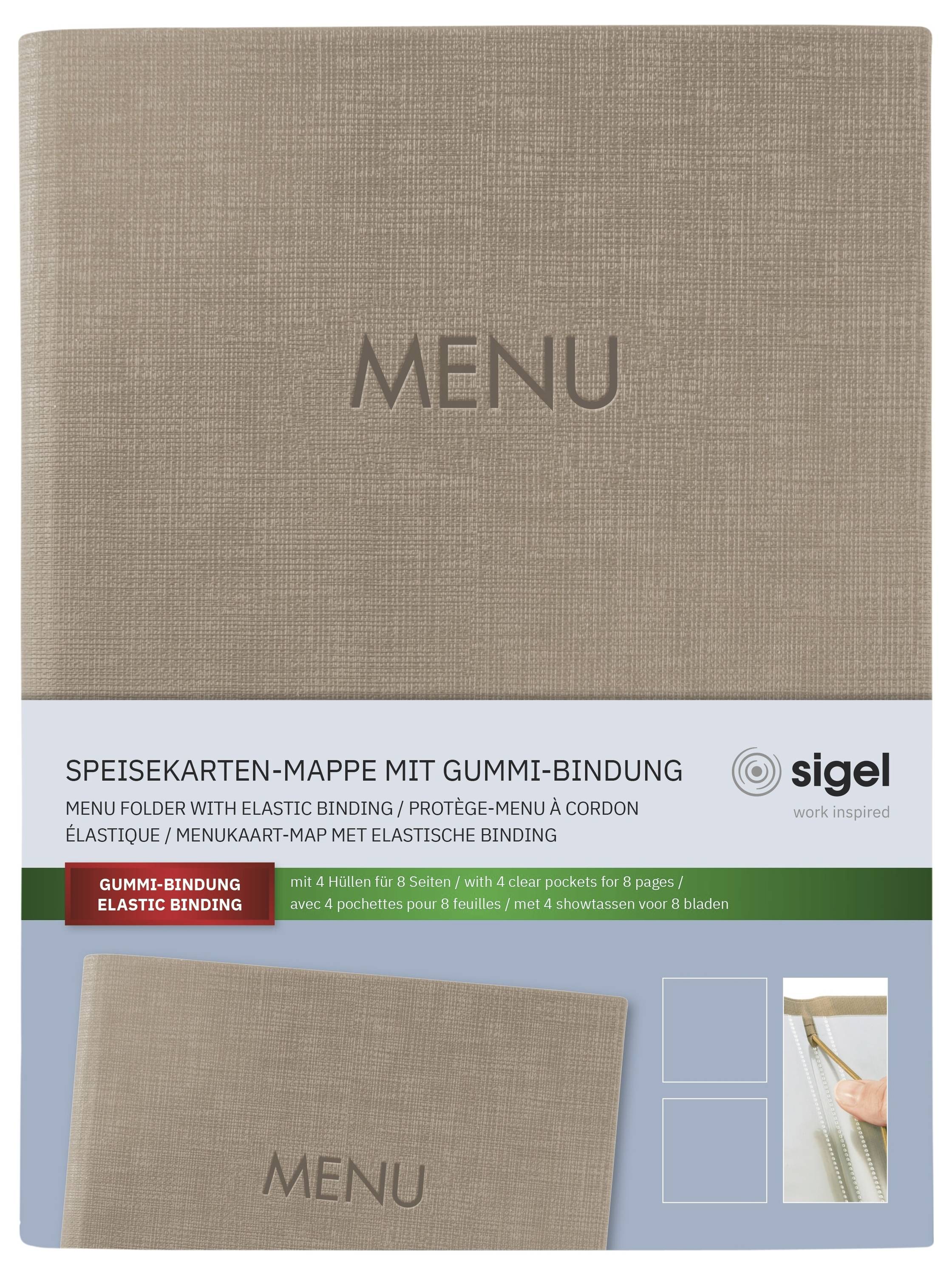 Béžová složka na jídelní lístky "MENU" s gumičkou, zobrazena jako obal produktu od sigel.