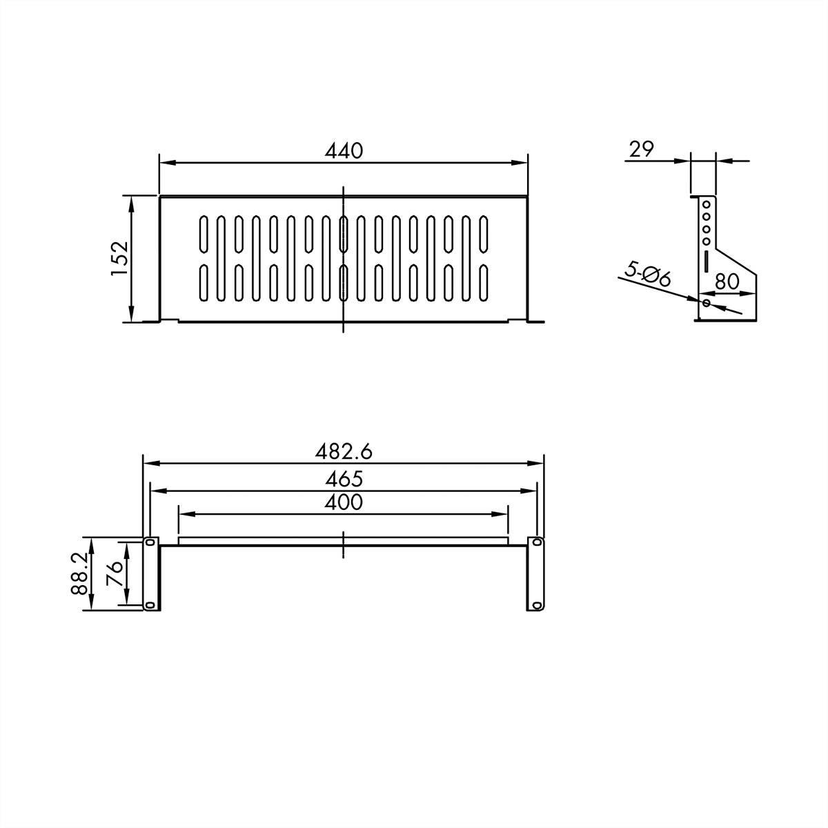 Technický výkres obdélníkového kovového pouzdra s větracími štěrbinami. Rozměry: délka 440 mm, výška 152 mm, hloubka 80 mm.