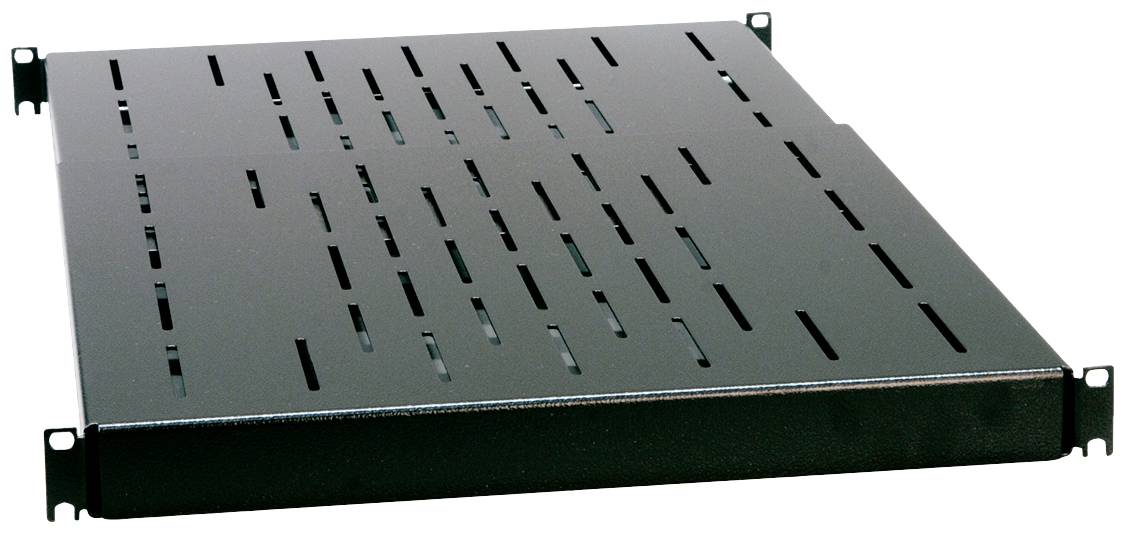 Plochý, černý hardwarový nosič se štěrbinami pro větrání, vhodný pro serverové stojany v datových centrech.