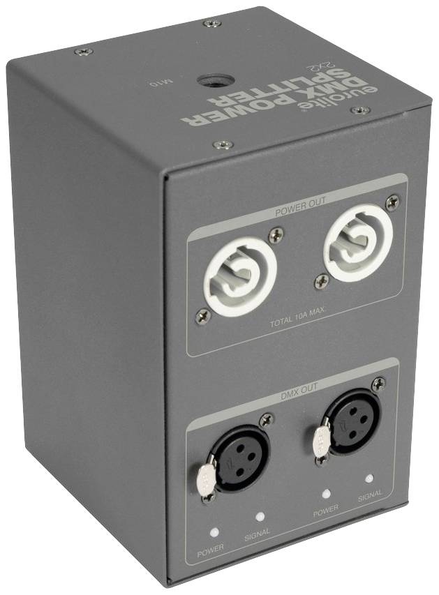 Šedé zařízení s nápisem "Signal Power Splitter". Jsou viditelné dva výstupy Power Out a dva výstupy DMX Out.