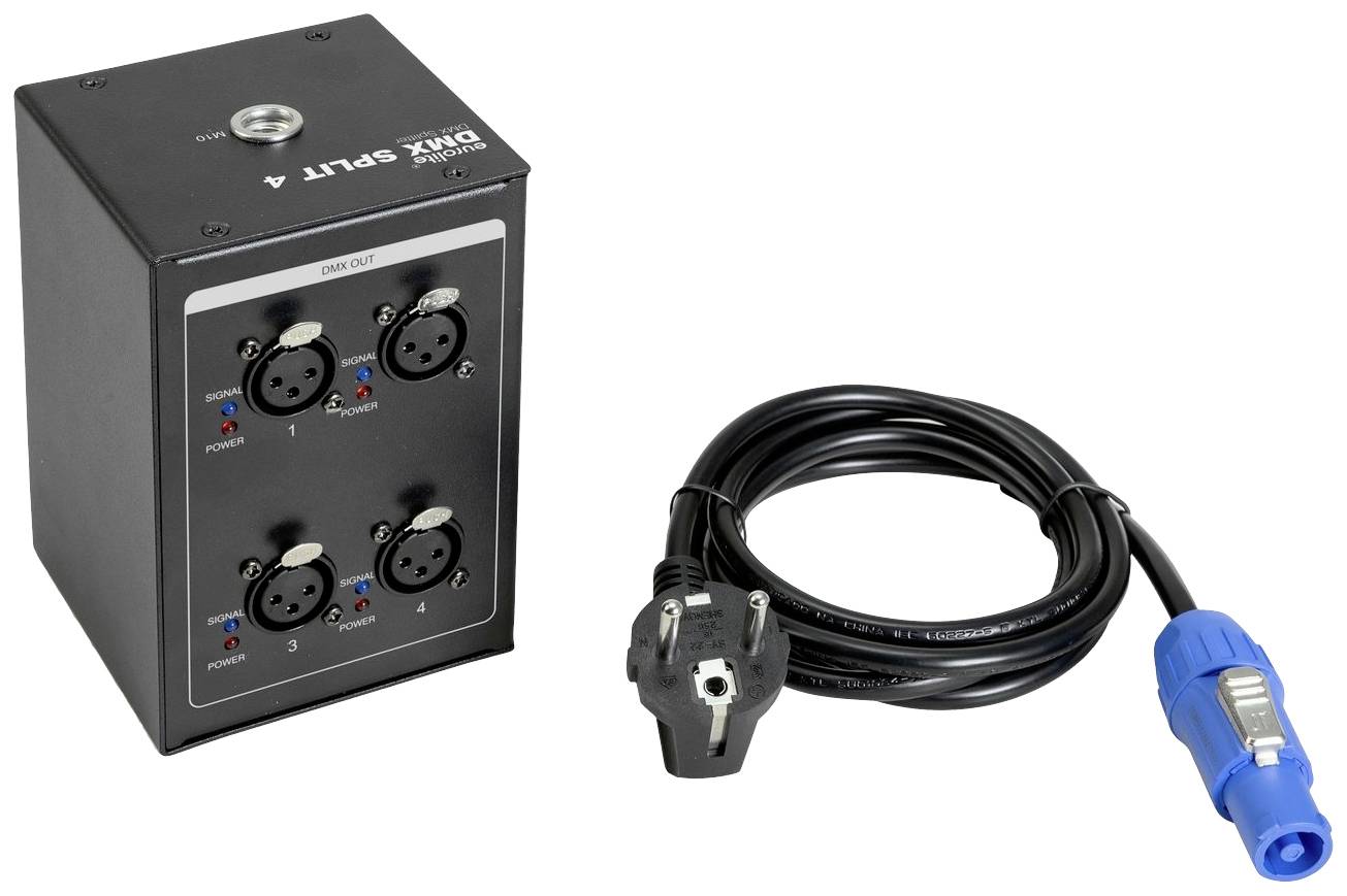 Rozdělovač DMX SPLIT 4 se 4 XLR konektory a napájecím kabelem s modrým a černým propojením.