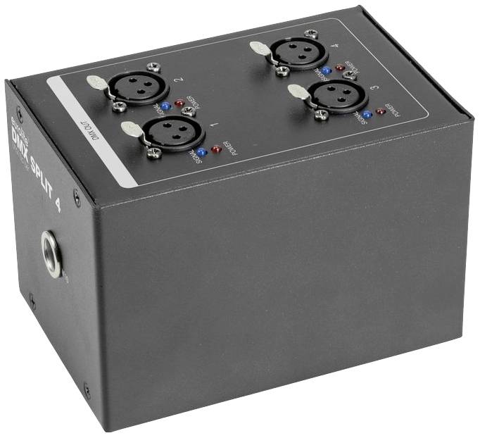 Černý audio-splitter se čtyřmi XLR konektory, každý s označeními a LED indikátory pro vstup a čtyři výstupy.