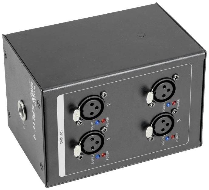 Elektronické zařízení se čtyřmi DMX výstupy. Každá zásuvka je očíslována (1 až 4) a má LED indikátor pro signál a stav napájení.
