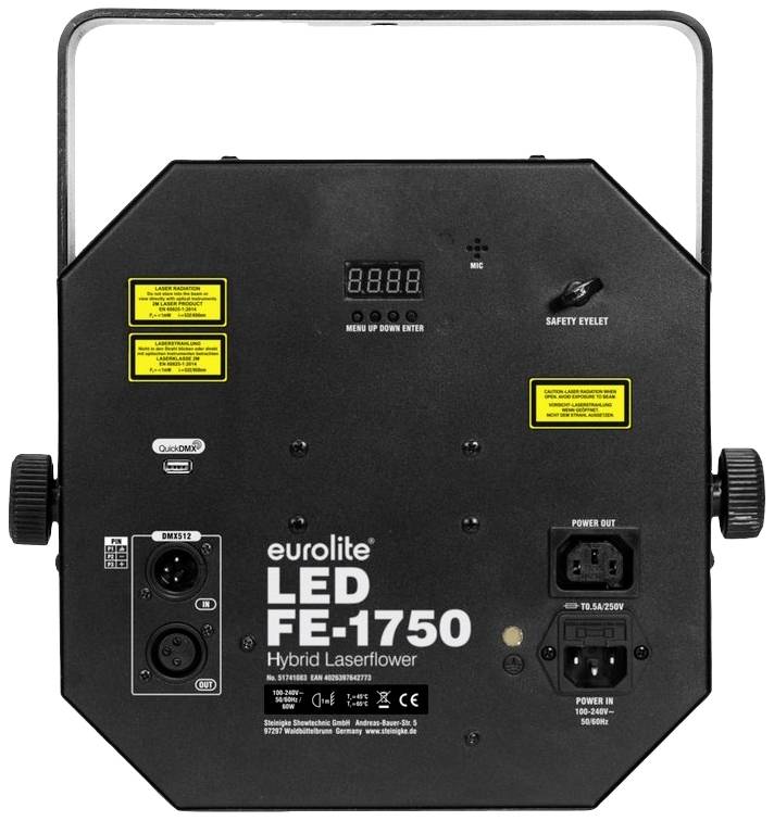 Zadní pohled na Eurolite LED FE-1750 Hybrid-Laserflowers s přípojkami, digitálními displeji a bezpečnostními informacemi.
