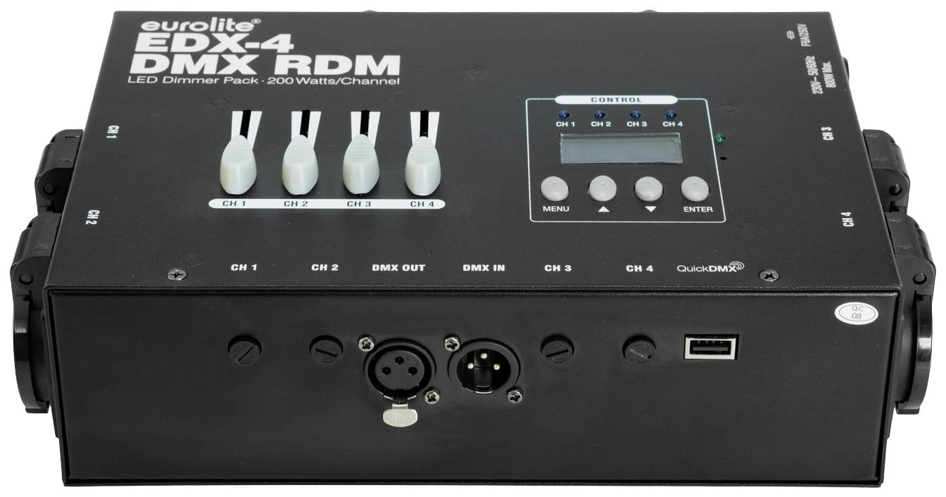 'Eurolite EDX-4 DMX RDM' světelný řídicí přístroj se čtyřmi posuvnými ovladači a několika konektory na černém krytu.