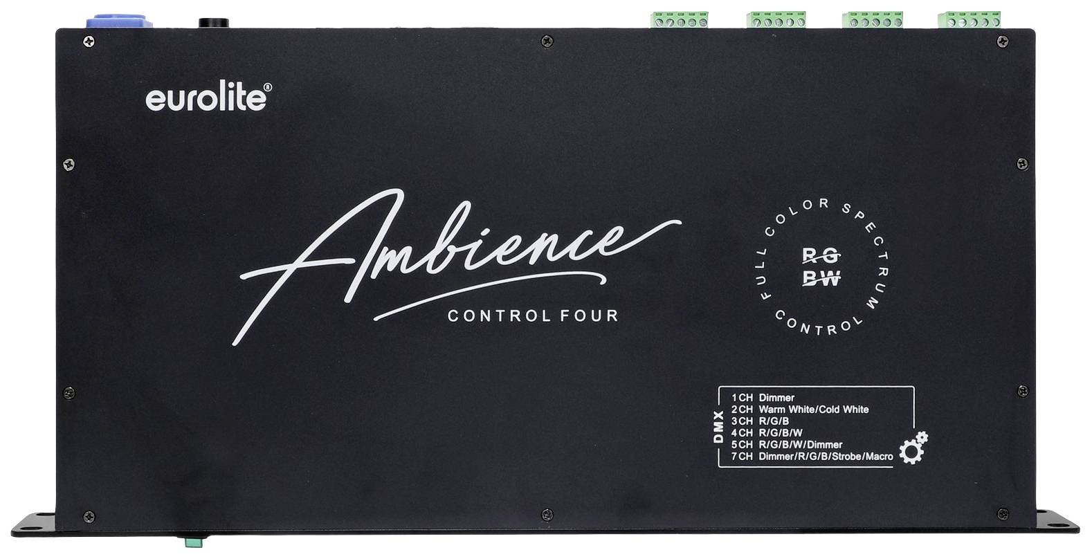 Černé zařízení s nápisem 'Ambience CONTROL FOUR'. Zobrazuje ovládací prvky pro RGBW barvy a stmívací funkce.
