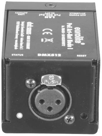 Černé zařízení DMX512 s XLR zásuvkou, resetovacím tlačítkem a stavovou indikací. Nápis 'eventix' v levém horním rohu.