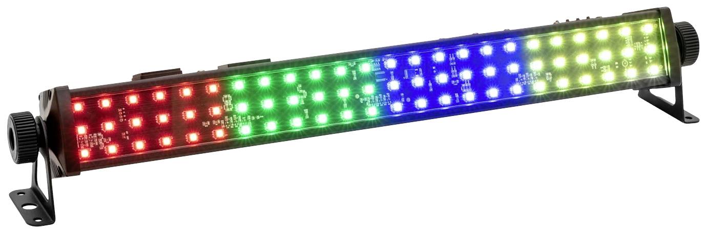 LED světelný pásek s diodami svítícími červeně, zeleně, modře a žlutě, namontovaný na kovovém držáku.