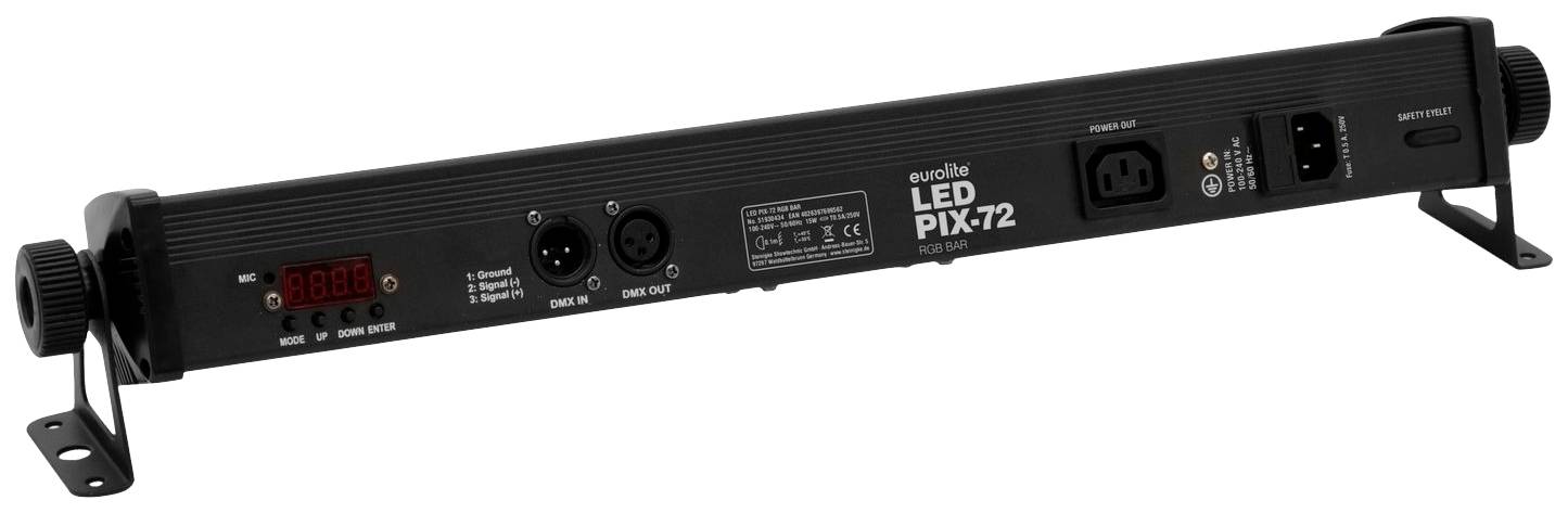 LED světelné zařízení s digitálním displejem, několika konektory a spínačem, namontované na kovovém pouzdře.