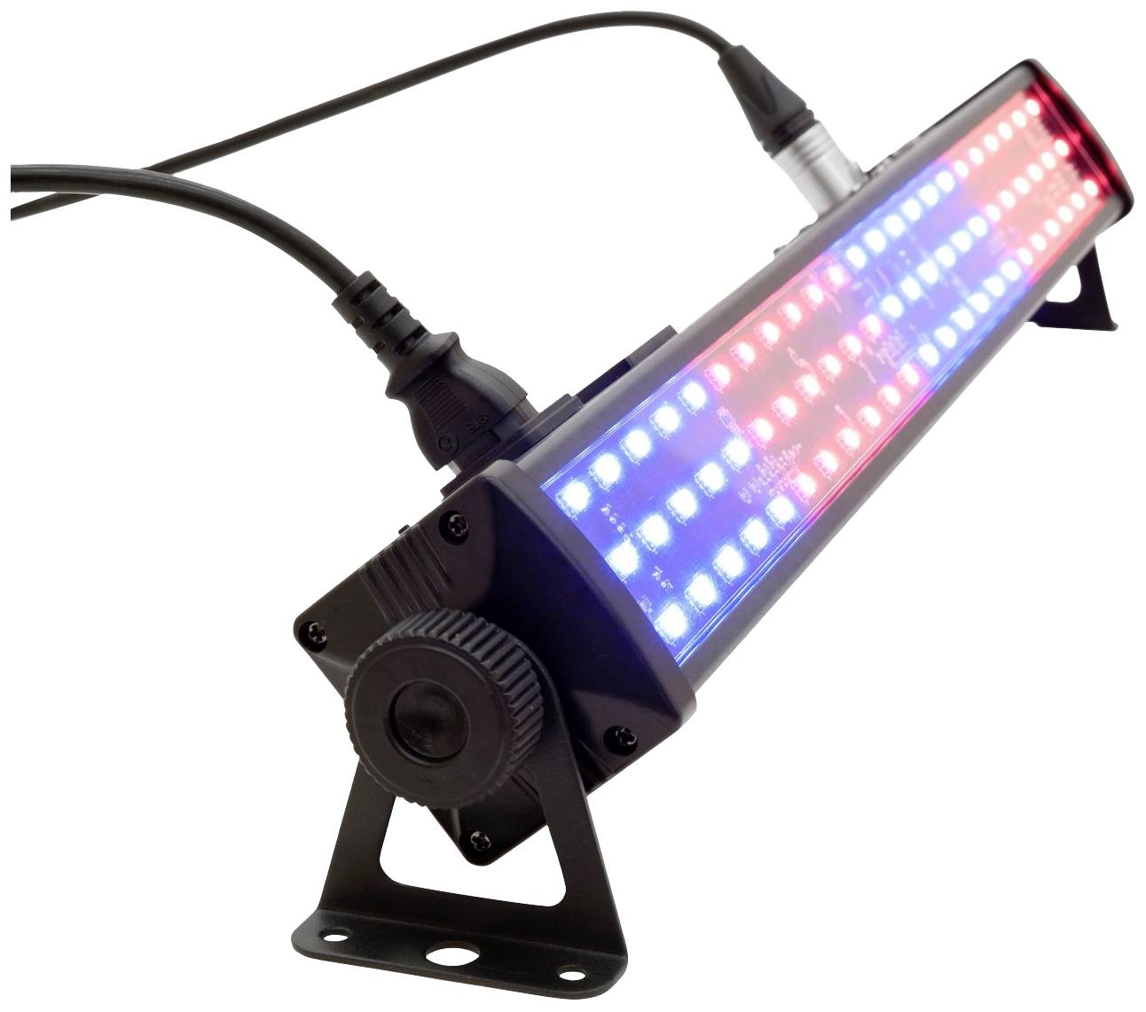 LED svítidlo s modro-červeným světelným spektrem a nastavitelným držákem, připojené dvěma kabely. Vhodné pro jevištní osvětlení.