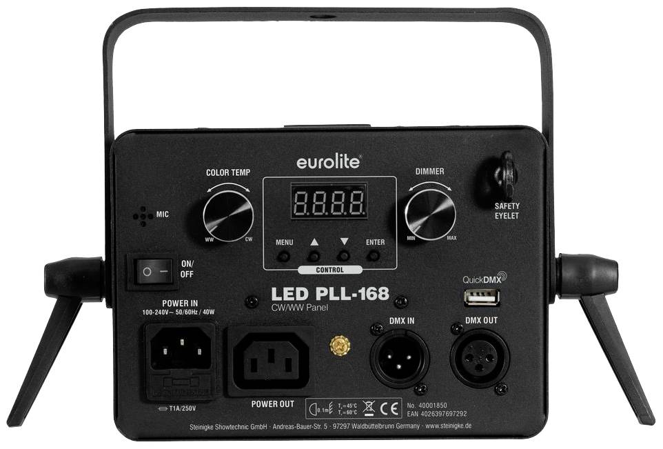 'Eurolite LED PLL-168', LED panel s ovládacími prvky pro okolní teplotu, stmívač, napájecí a DMX připojení.
