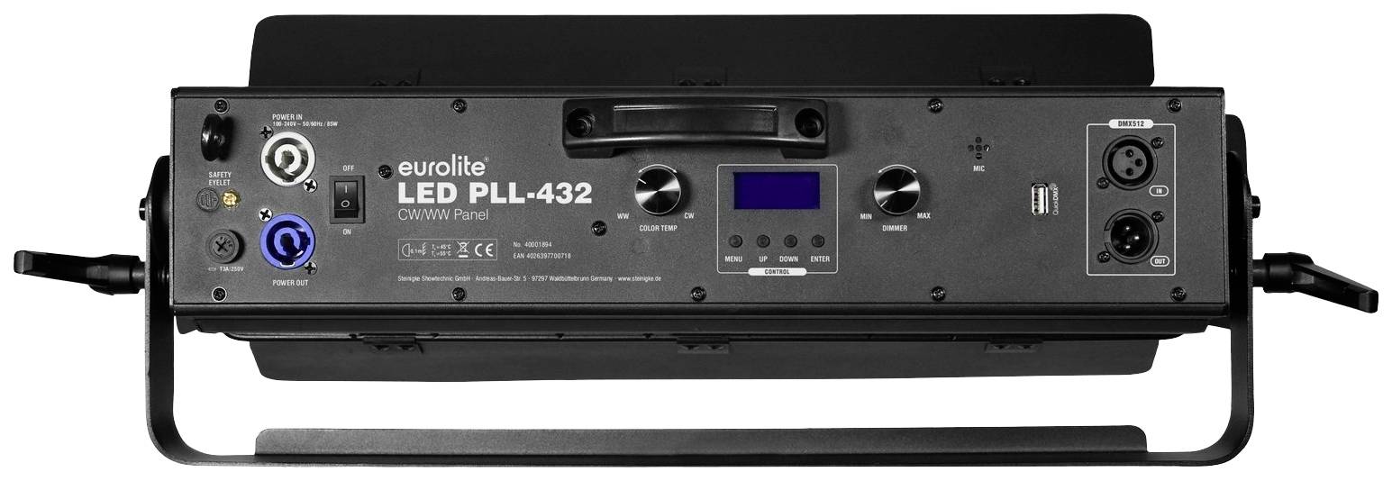 Zadní pohled na LED panel Eurolite PLL-432 CWW/W s různými připojovacími možnostmi a ovládacími prvky.