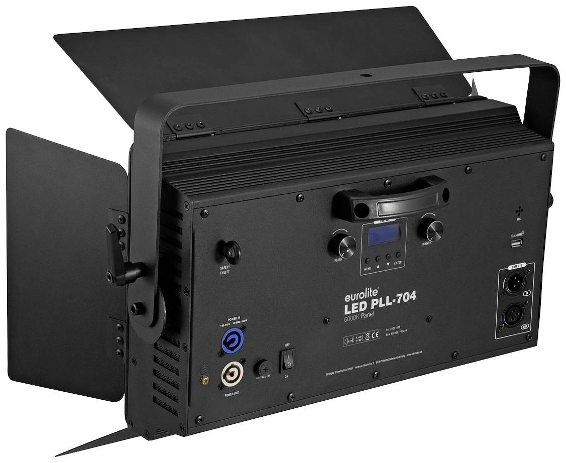 LED divadelní reflektor s chladicími štěrbinami, ovládacími tlačítky a displejem na zadní straně. Vhodný pro jevištní osvětlení a divadelní produkce.