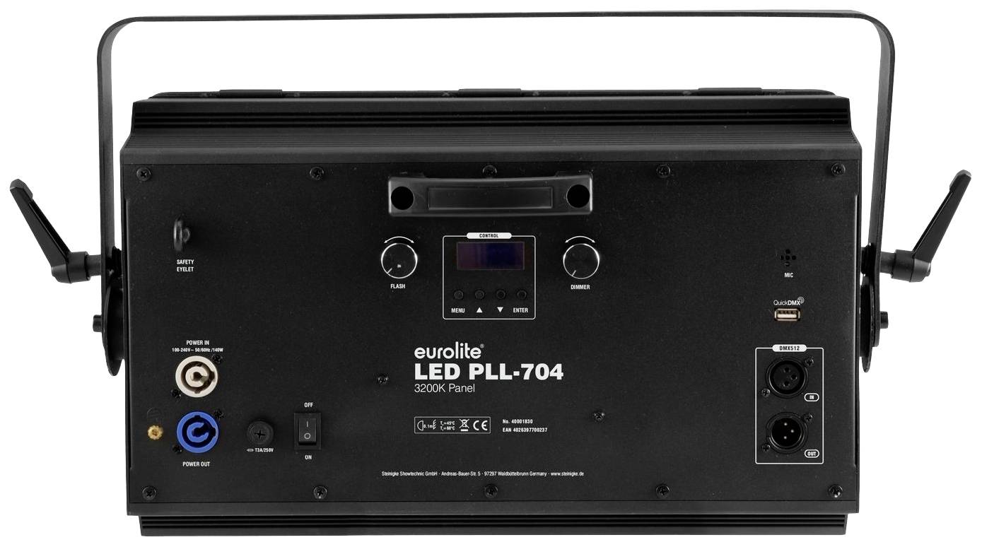 Zadní pohled na LED panel Eurolite PLL-704 3200K s ovládacími a připojovacími možnostmi, jako jsou DMX a napájecí konektor.