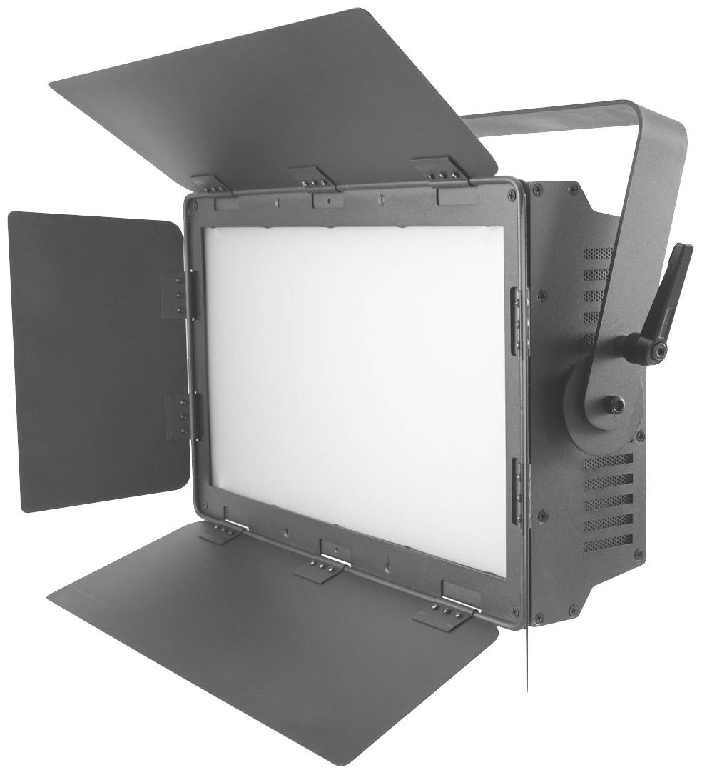 Velká obdélníková LED lampa se čtyřmi nastavitelnými klapkami pro řízení světla, často používaná ve fotografických studiích.