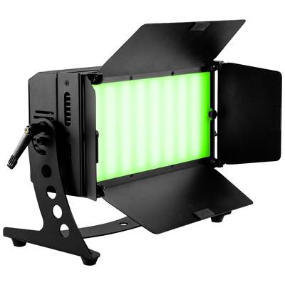 Černý LED reflektor s osvětlením zeleného odstínu, obklopený nastavitelnými klapkami pro řízení světla, je umístěn na stojanu.